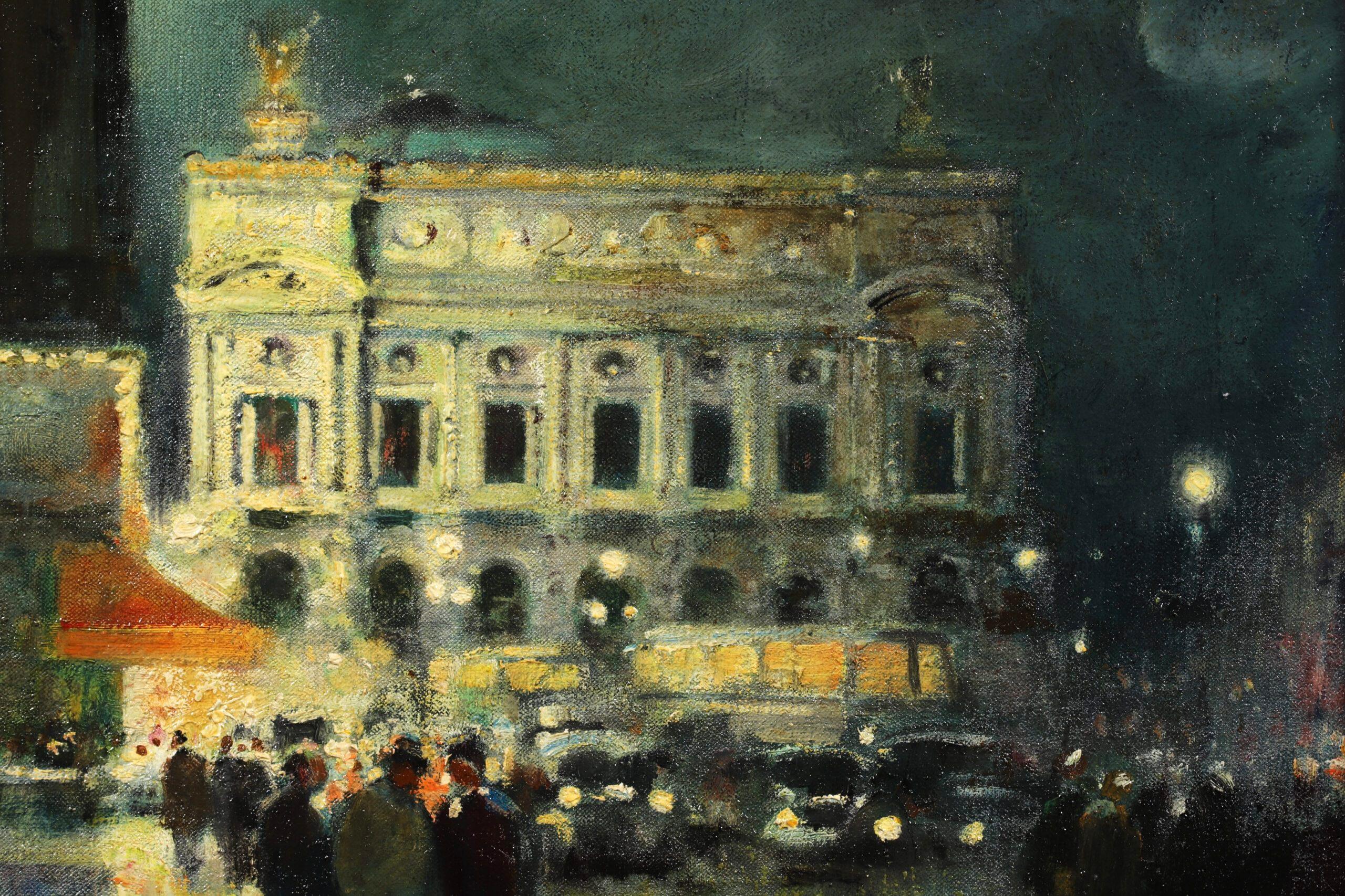 Signed impressionist figures in cityscape oil on canvas circa 1940 by French painter Jules Rene Herve. This nighttime piece has three gentlemen in the foreground standing on a pavement in The Place de l'Opera square in Paris, France beside a flower