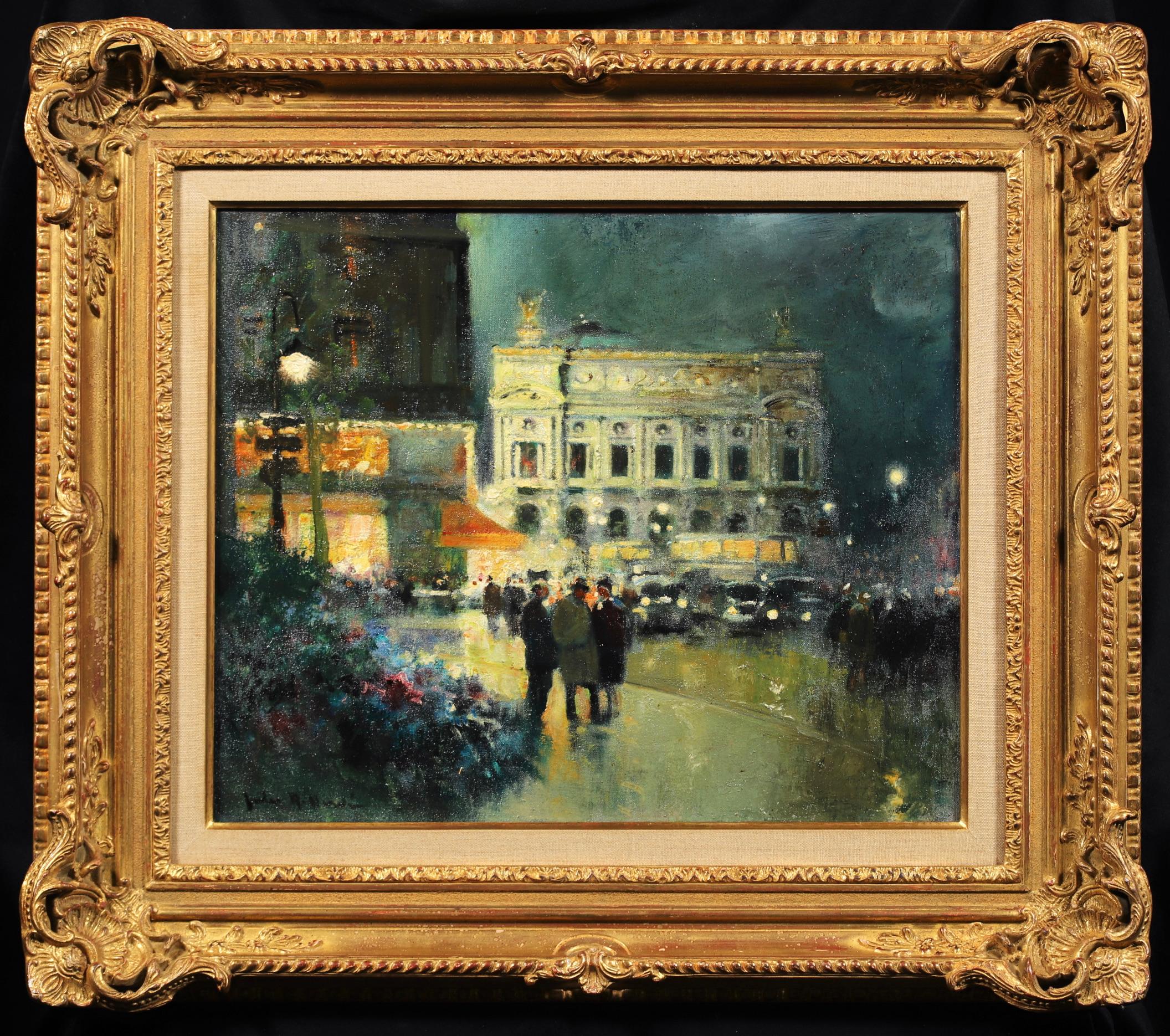 Jules René Hervé Figurative Painting - Evening - Place de l'Opera - Impressionist Cityscape Oil by Jules Rene Herve