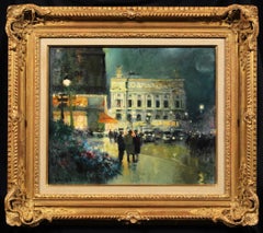 Evening - Place de l'Opera - Impressionist Cityscape Oil by Jules Rene Herve
