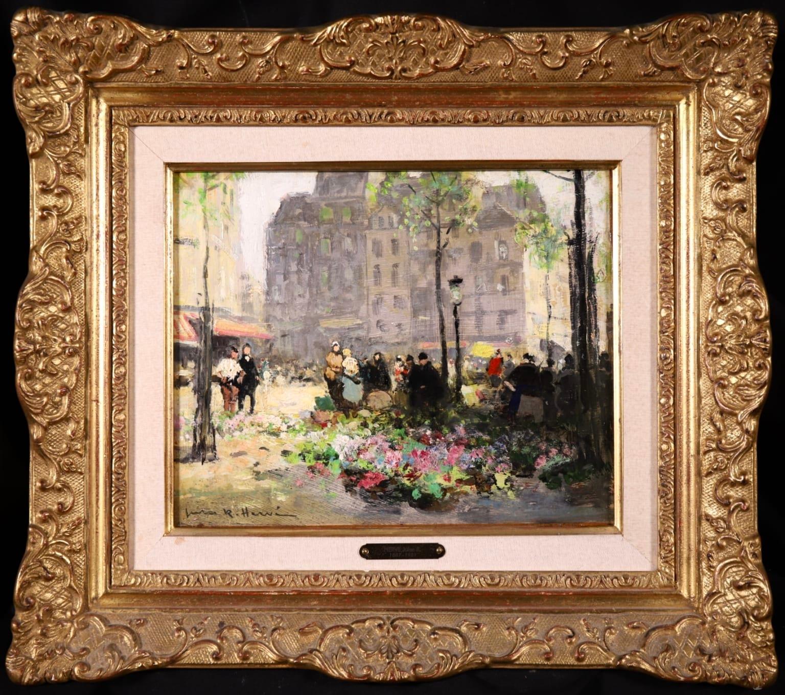 Flower Market - Impressionist Oil, Figures in City Landscape by Jules Rene Herve - Painting by Jules René Hervé