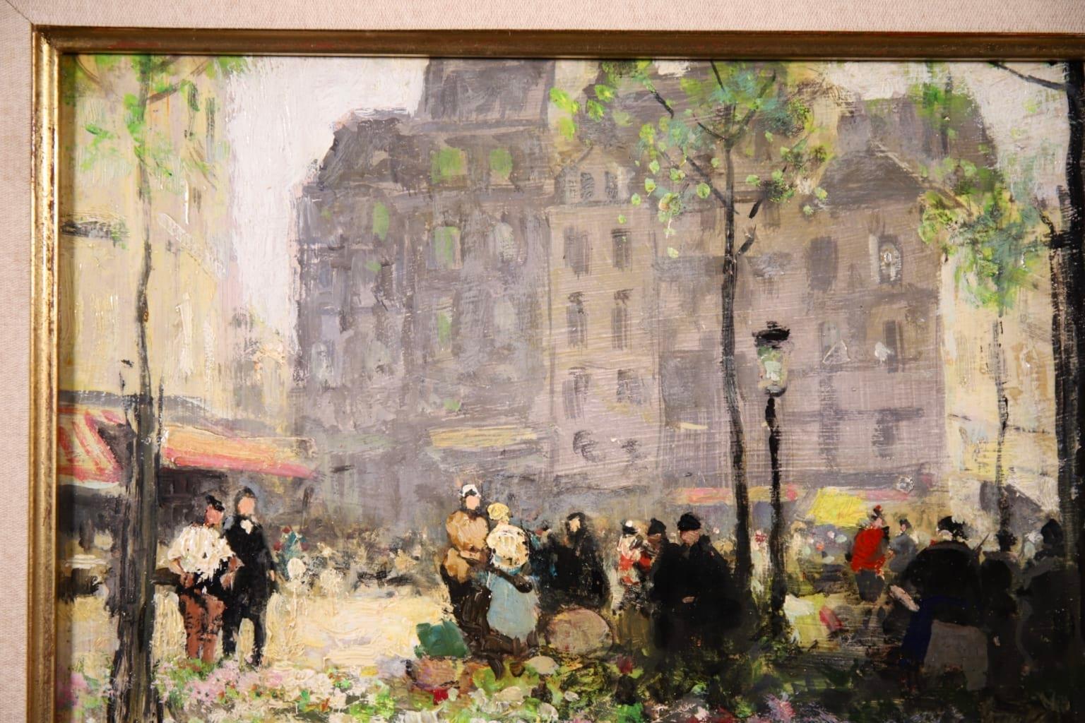 Flower Market - Impressionist Oil, Figures in City Landscape by Jules Rene Herve - Brown Figurative Painting by Jules René Hervé