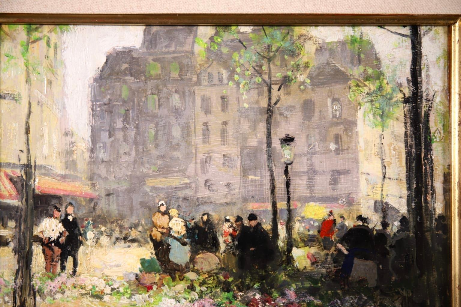 A beautiful oil on canvas circa 1950 by sought after French impressionist painter Jules Rene Herve depicting a flower market in Les Halles, Paris. Beautifully painted and coloured. 

Signature:
Signed lower left and again verso

Dimensions:
Framed: