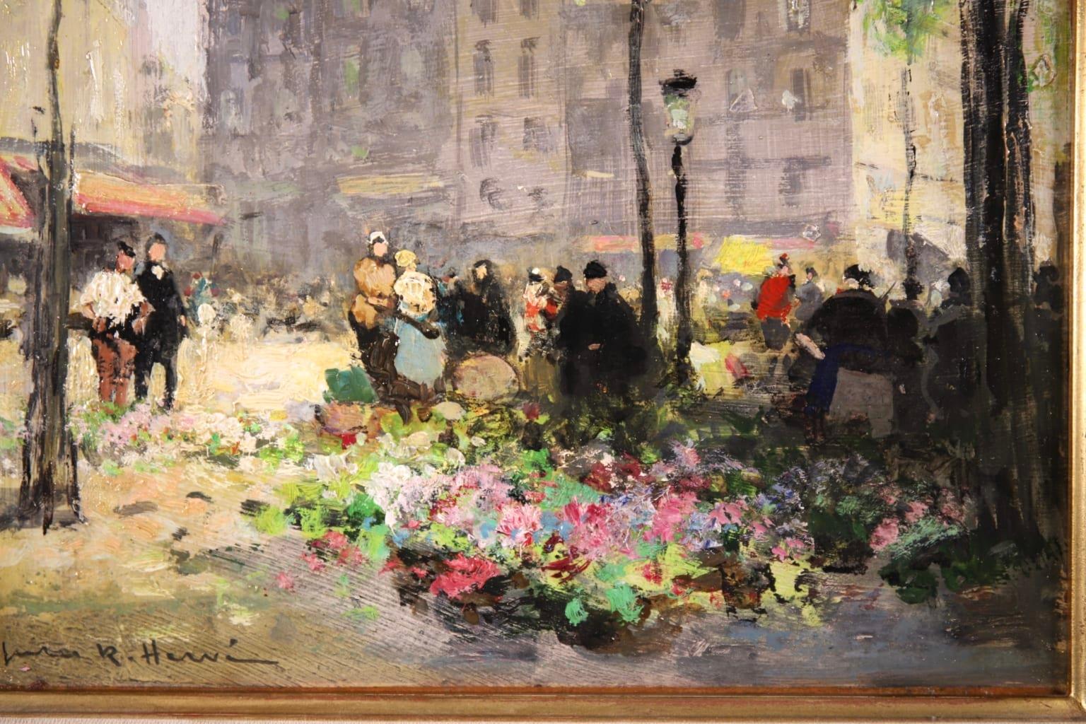 Flower Market - Impressionist Oil, Figures in City Landscape by Jules Rene Herve 1