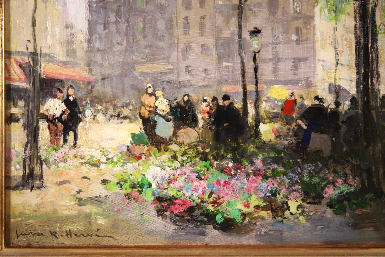 Flower Market - Impressionist Oil, Figures in City Landscape by Jules Rene Herve 2