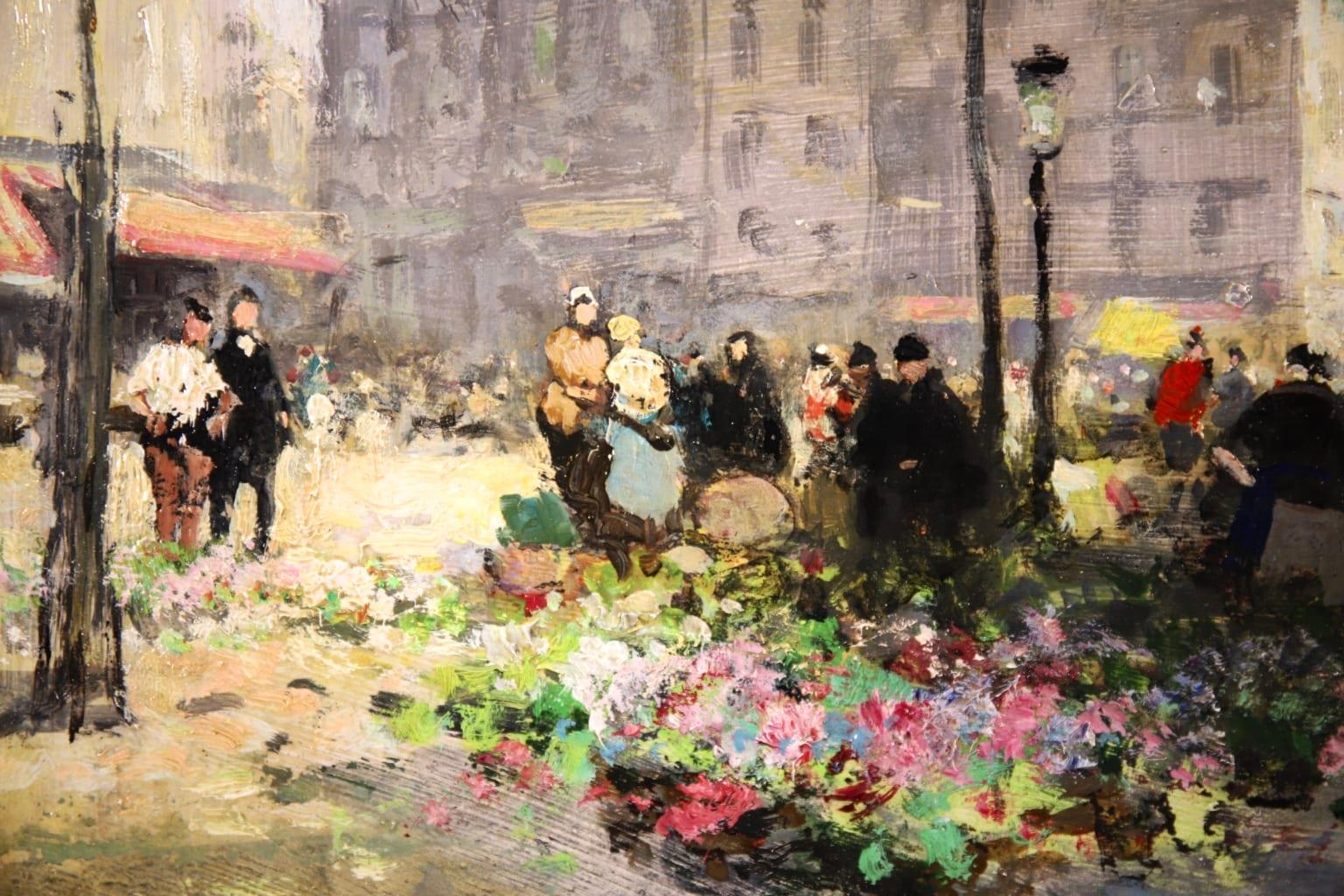 Flower Market - Impressionist Oil, Figures in City Landscape by Jules Rene Herve 3