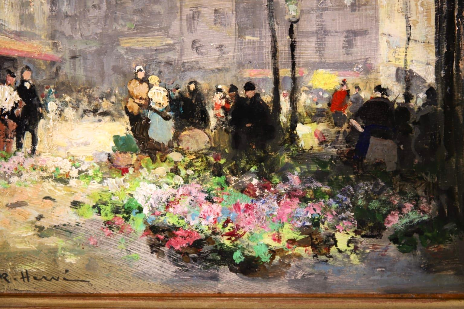 Flower Market - Impressionist Oil, Figures in City Landscape by Jules Rene Herve 4