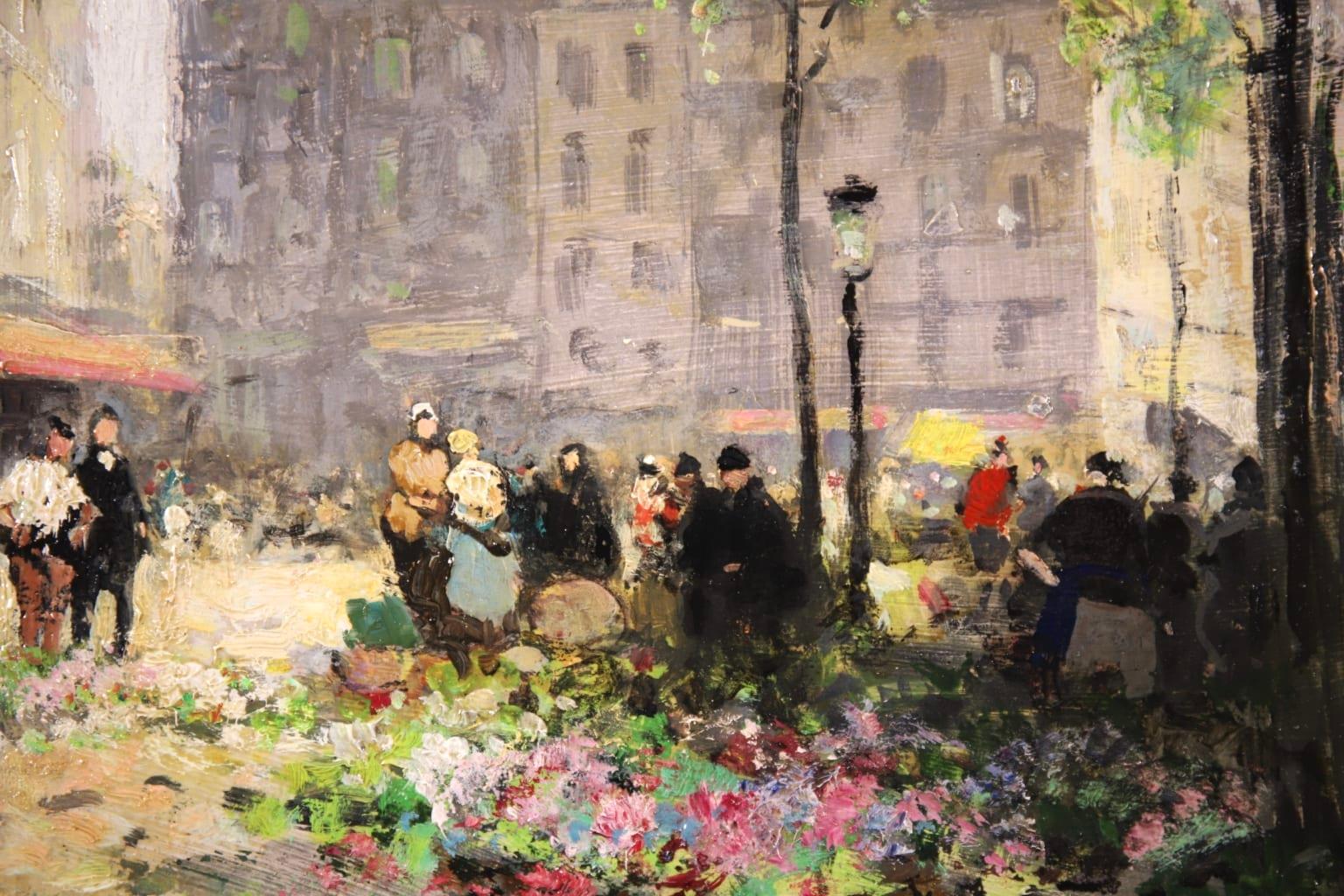 Flower Market - Impressionist Oil, Figures in City Landscape by Jules Rene Herve 5