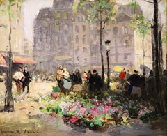 Flower Market - Impressionist Oil, Figures in City Landscape by Jules Rene Herve