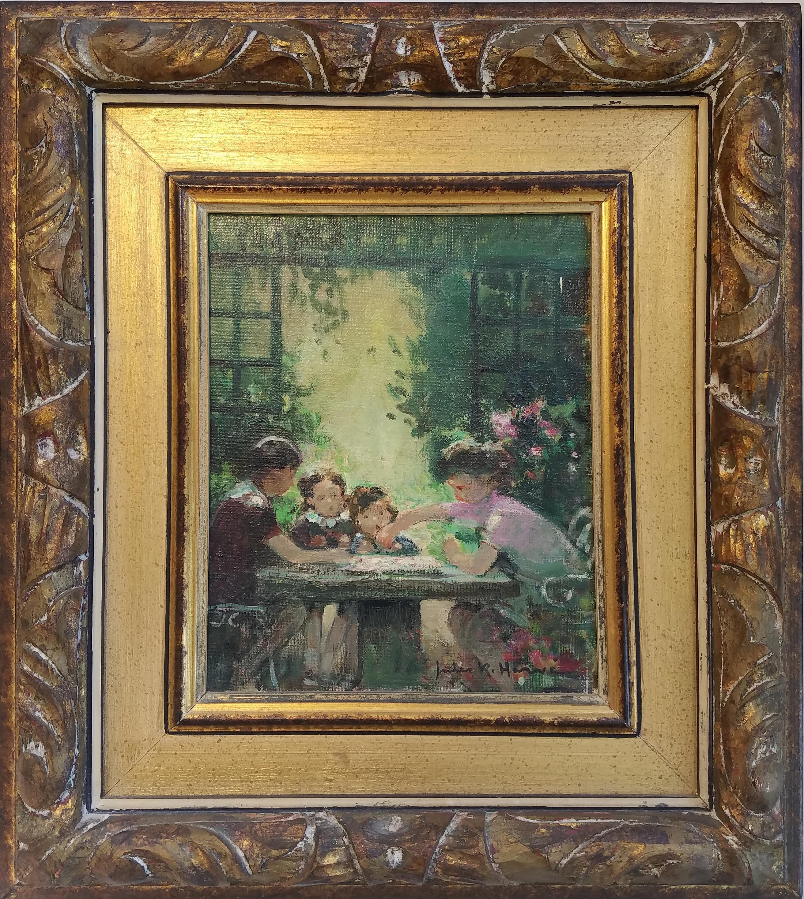 « Game of Checkers », Jules Herve, impressionnisme français, Jeu de carreaux dans un jardin - Painting de Jules René Hervé