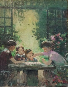 "Game of Checkers" Jules Herve, French Impressionism, Family Playing in a Garden