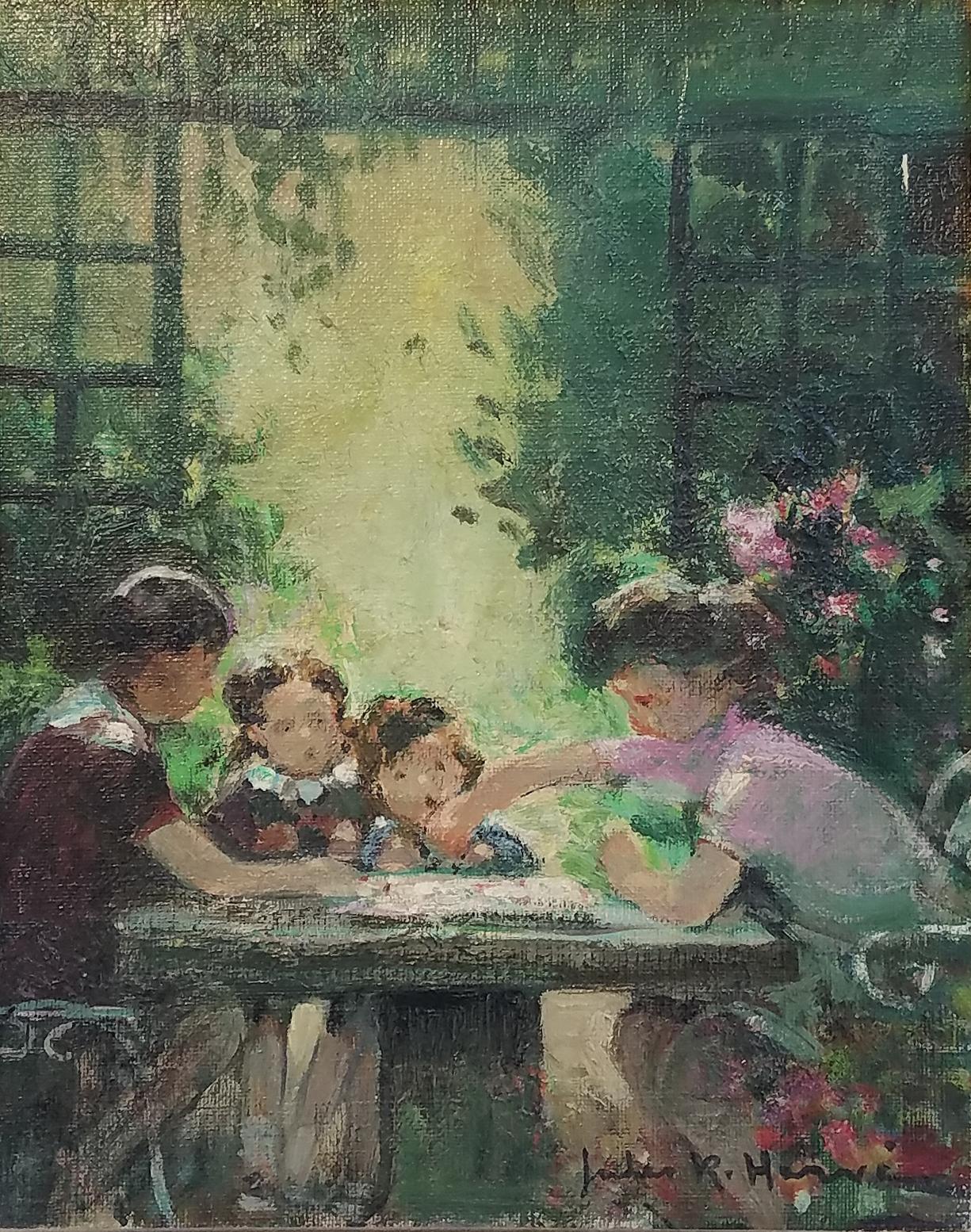Jules René Hervé Figurative Painting - "Game of Checkers" Jules Herve, French Impressionism, Family Playing in a Garden