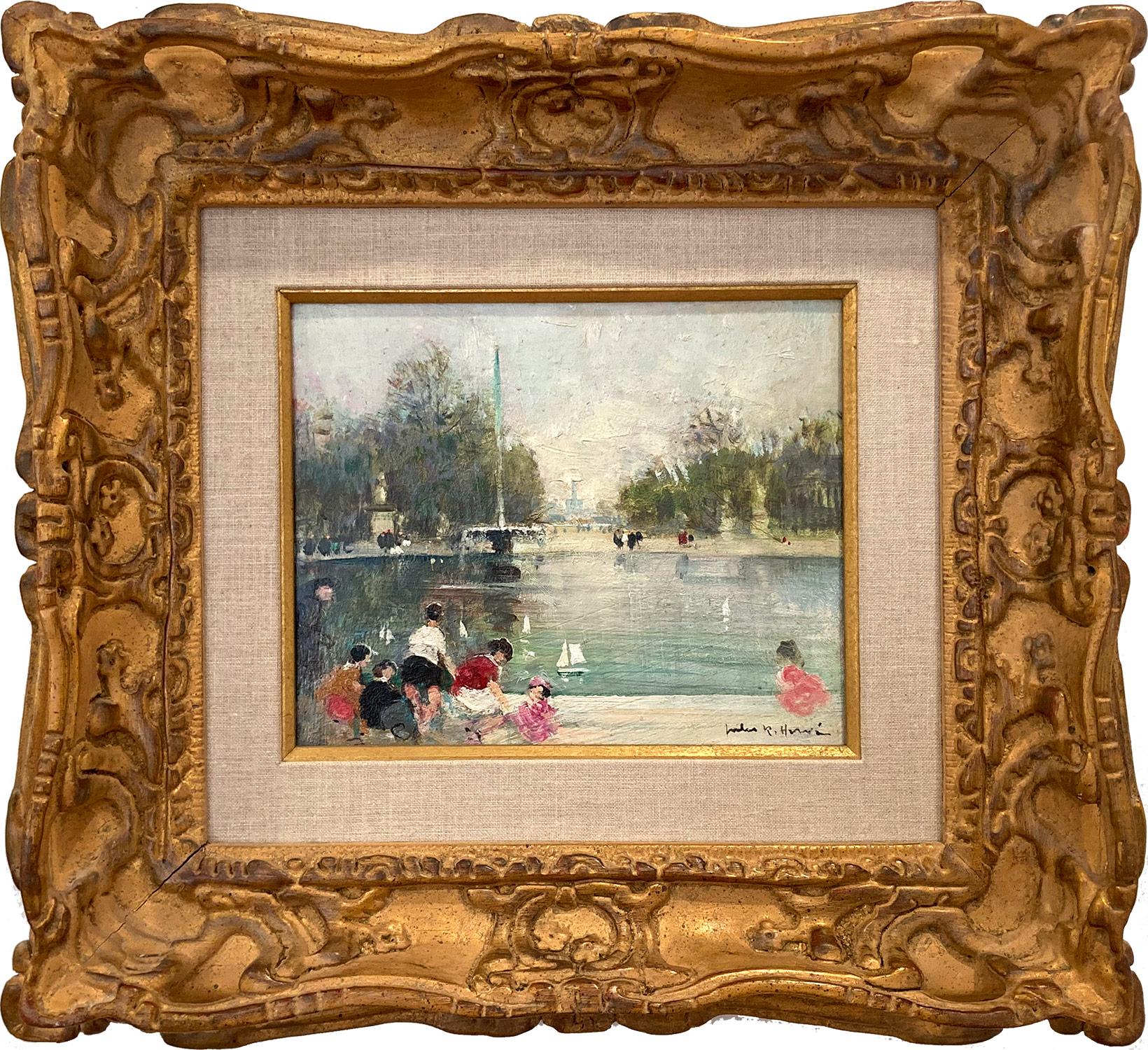 Landscape Painting de Jules René Hervé - "Grand Basin, Jardin des Tuileries, París" Pintura al óleo impresionista sobre tabla