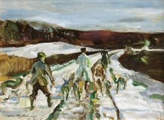 Hunters in the Snow - 20th Century Oil, Figures in Landscape Hunting by J Herve