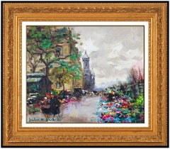 Jules Herve - Peinture à l'huile originale sur toile - Paysage de ville de Paris signée Flower Art