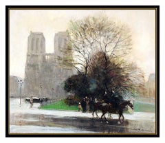 JULES R. HERVE - Painting Original OIL PAINTING On CANvas - Paysage de Paris signé Horse Art