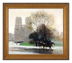 JULES R. HERVE Original OIL PAINTING On CANVAS Paris Cityscape Signed Horse Art