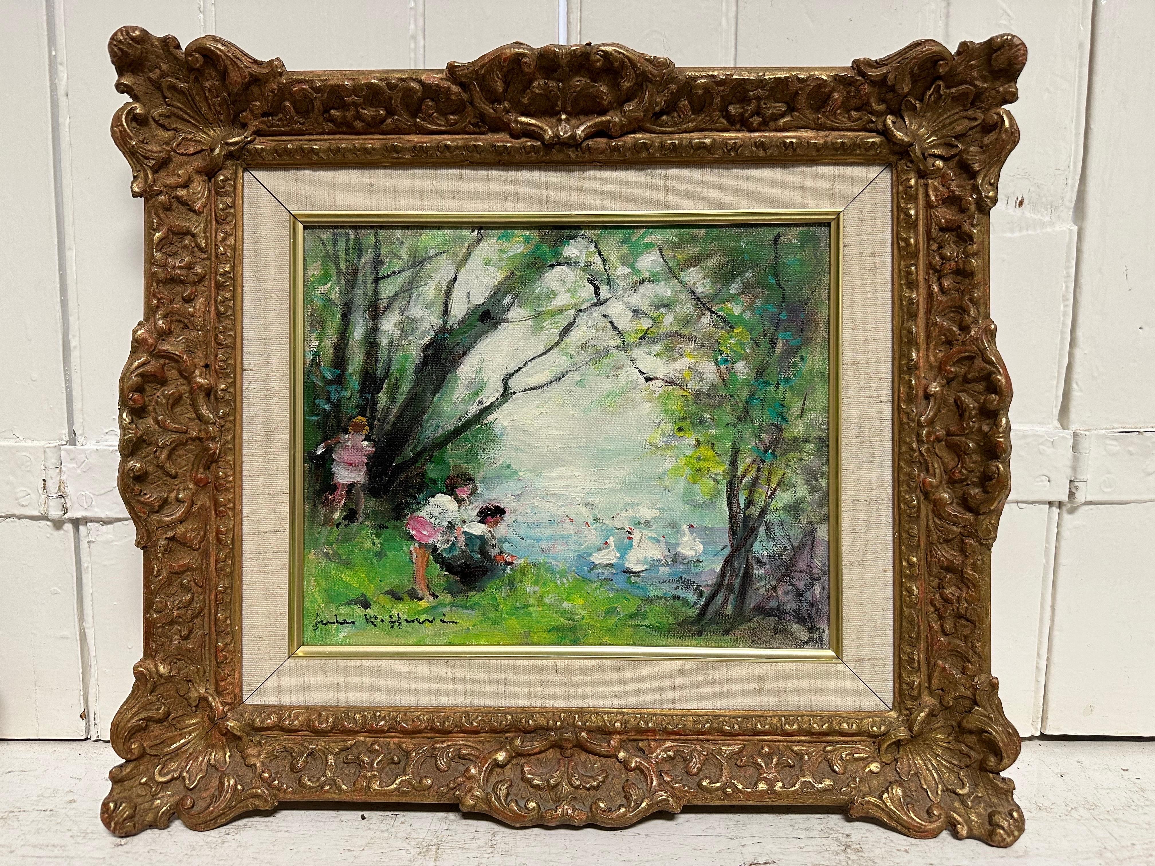 JULES RENE HERVE (1887-1981), enfant nourrissant des canards, huile signée  - Painting de Jules René Hervé
