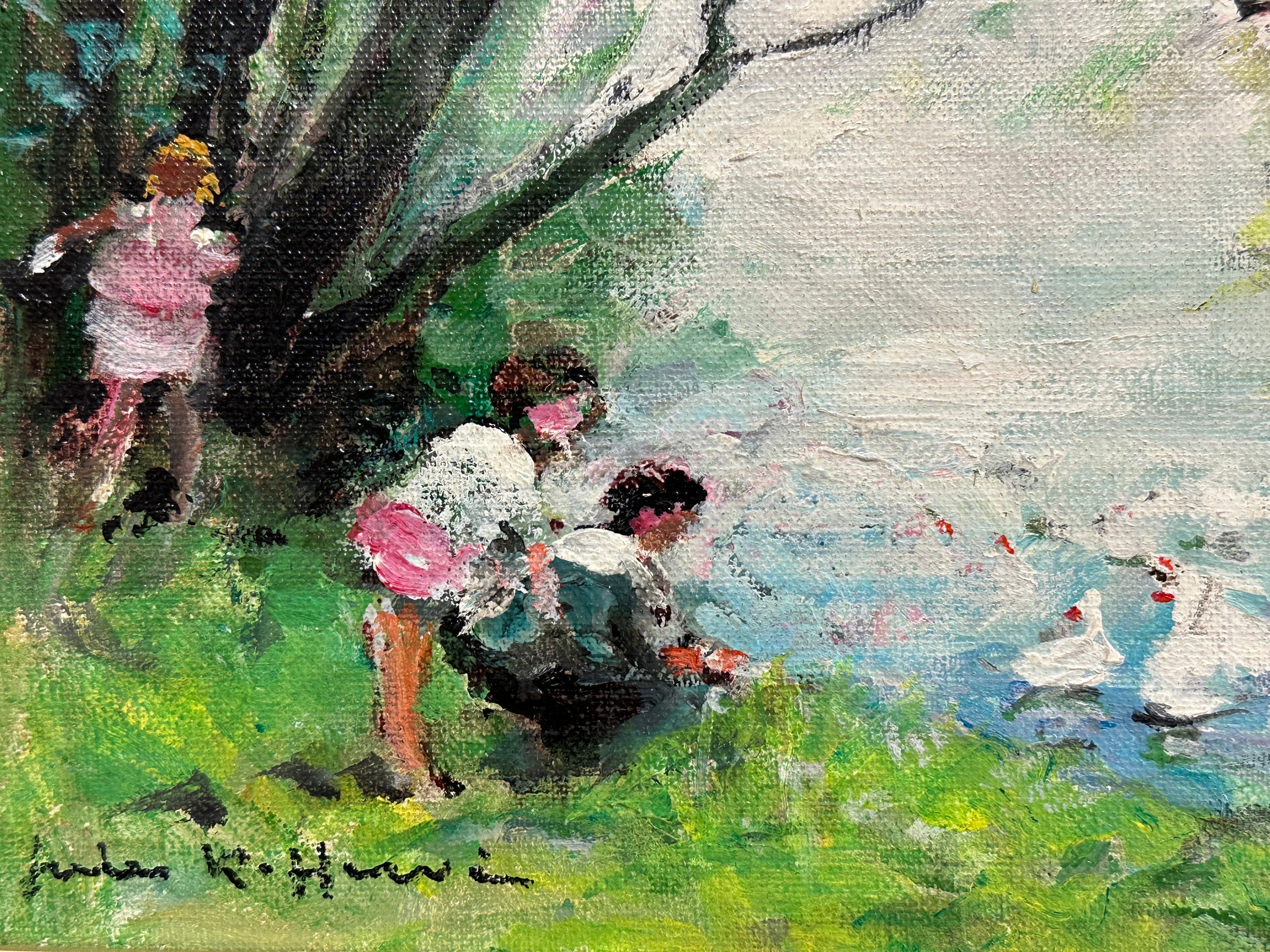 JULES RENE HERVE (1887-1981) Niños alimentando patos Río bosque óleo firmado - Painting Impresionista de Jules René Hervé