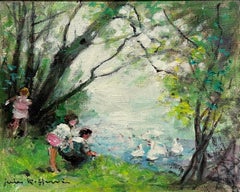 JULES RENE HERVE (1887-1981) Childen Feeding Ducks Woodland River, signiertes Ölgemälde 
