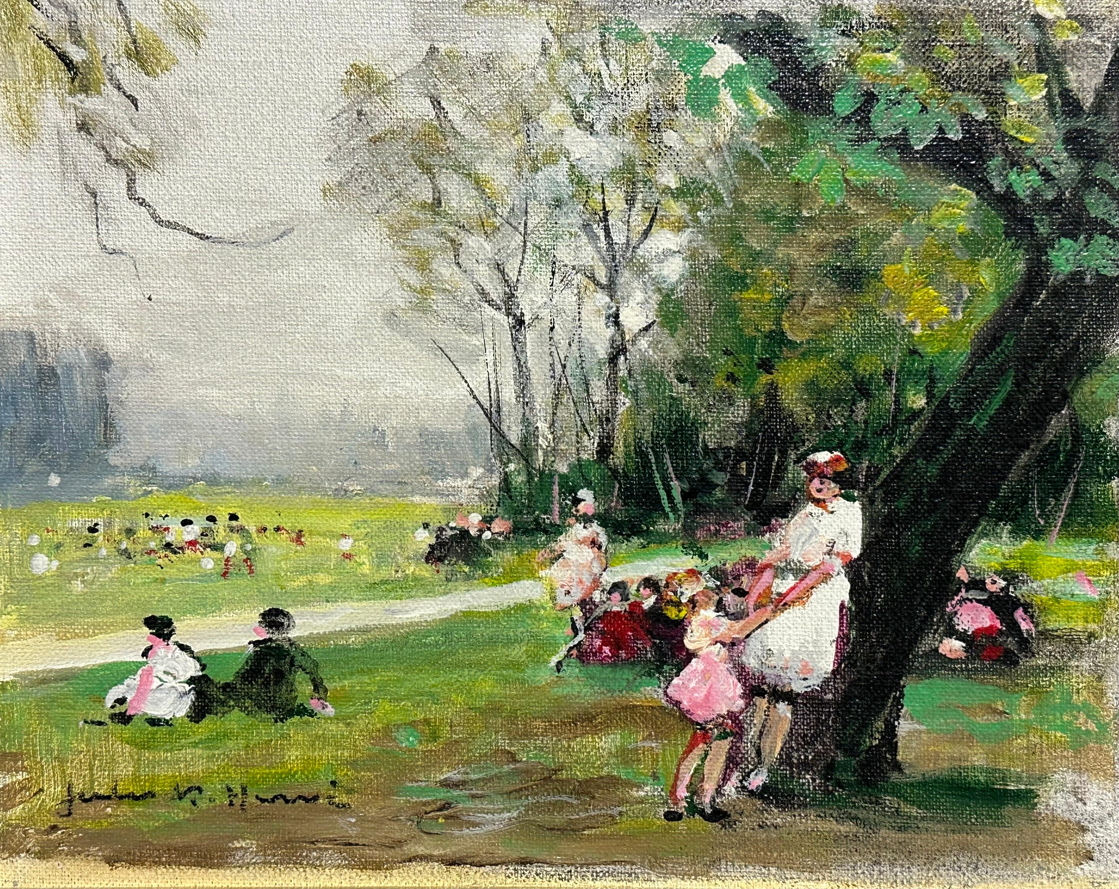 JULES RENE HERVE (1887-1981) Families Playing in Parkland Signed Original Oil - Brown Landscape Painting by Jules René Hervé