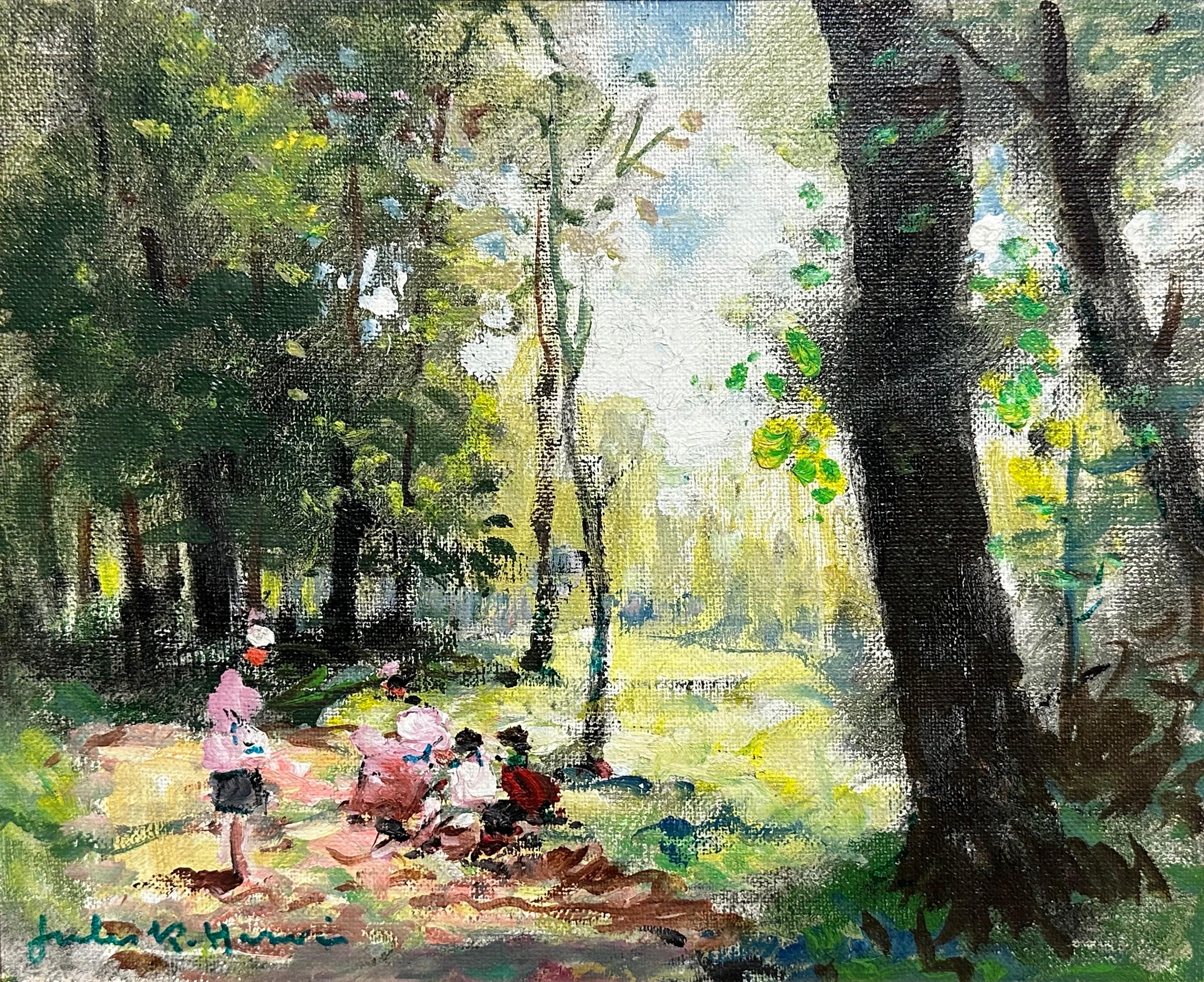 JULES RENE HERVE (1887-1981) Famiglia che si gode un picnic nel bosco Pittura ad olio firmata - Painting di Jules René Hervé