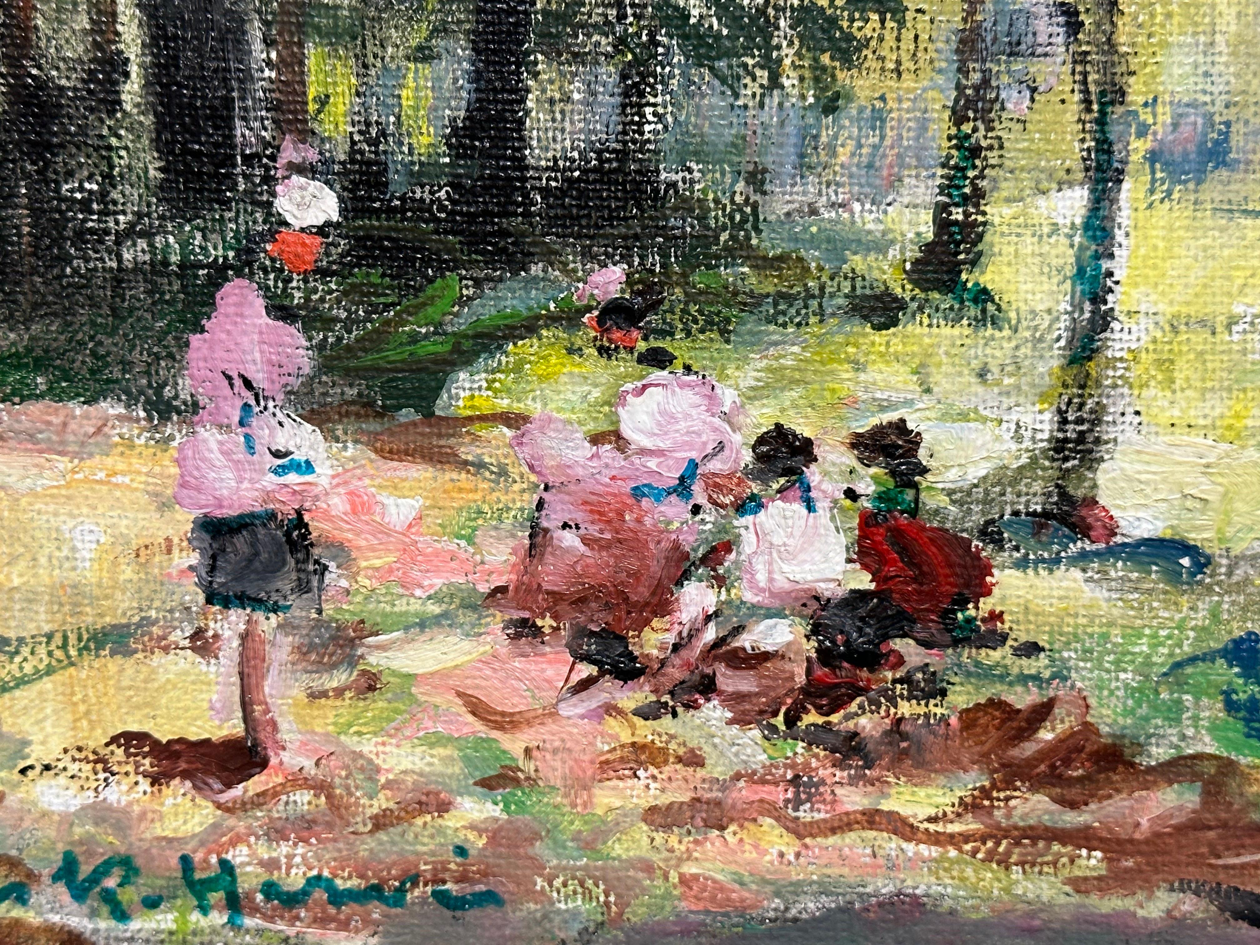 JULES RENE HERVE (1887-1981) Famiglia che si gode un picnic nel bosco Pittura ad olio firmata 1