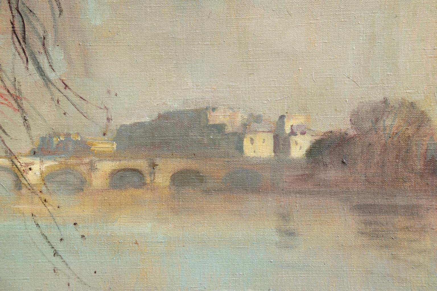 La Seine au Pont Neuf - Impressionist Oil, Figures by River - Jules Rene Herve - Painting by Jules René Hervé
