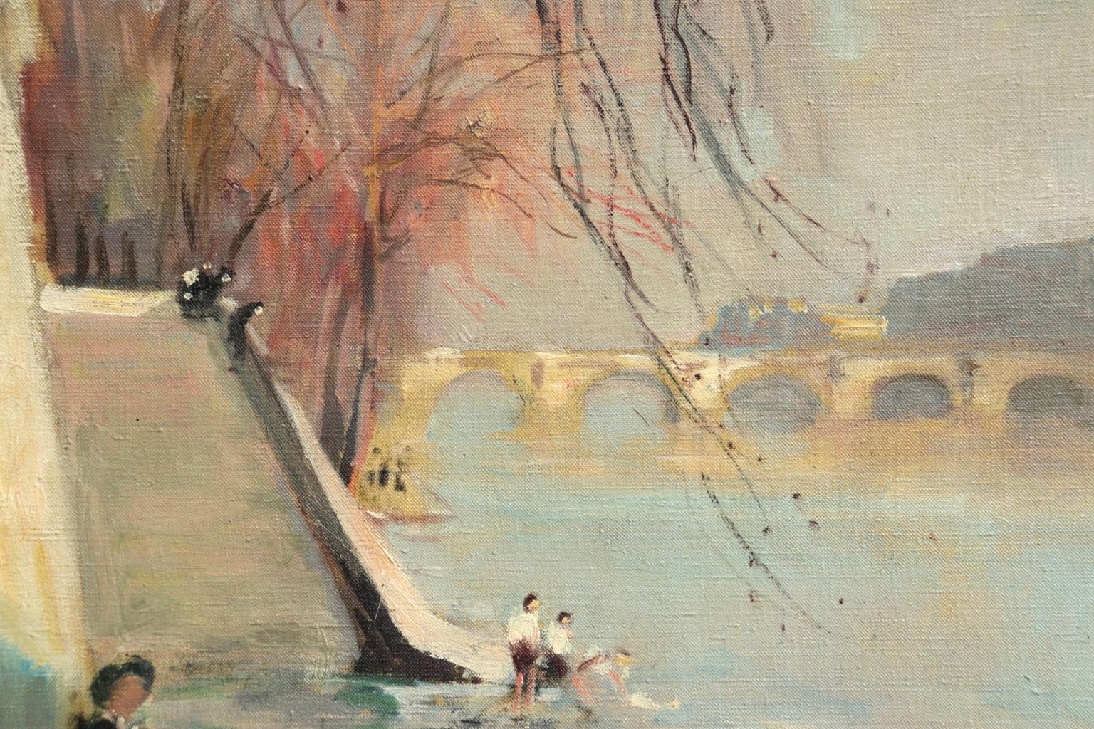 La Seine au Pont Neuf - Impressionist Oil, Figures by River - Jules Rene Herve - Brown Landscape Painting by Jules René Hervé