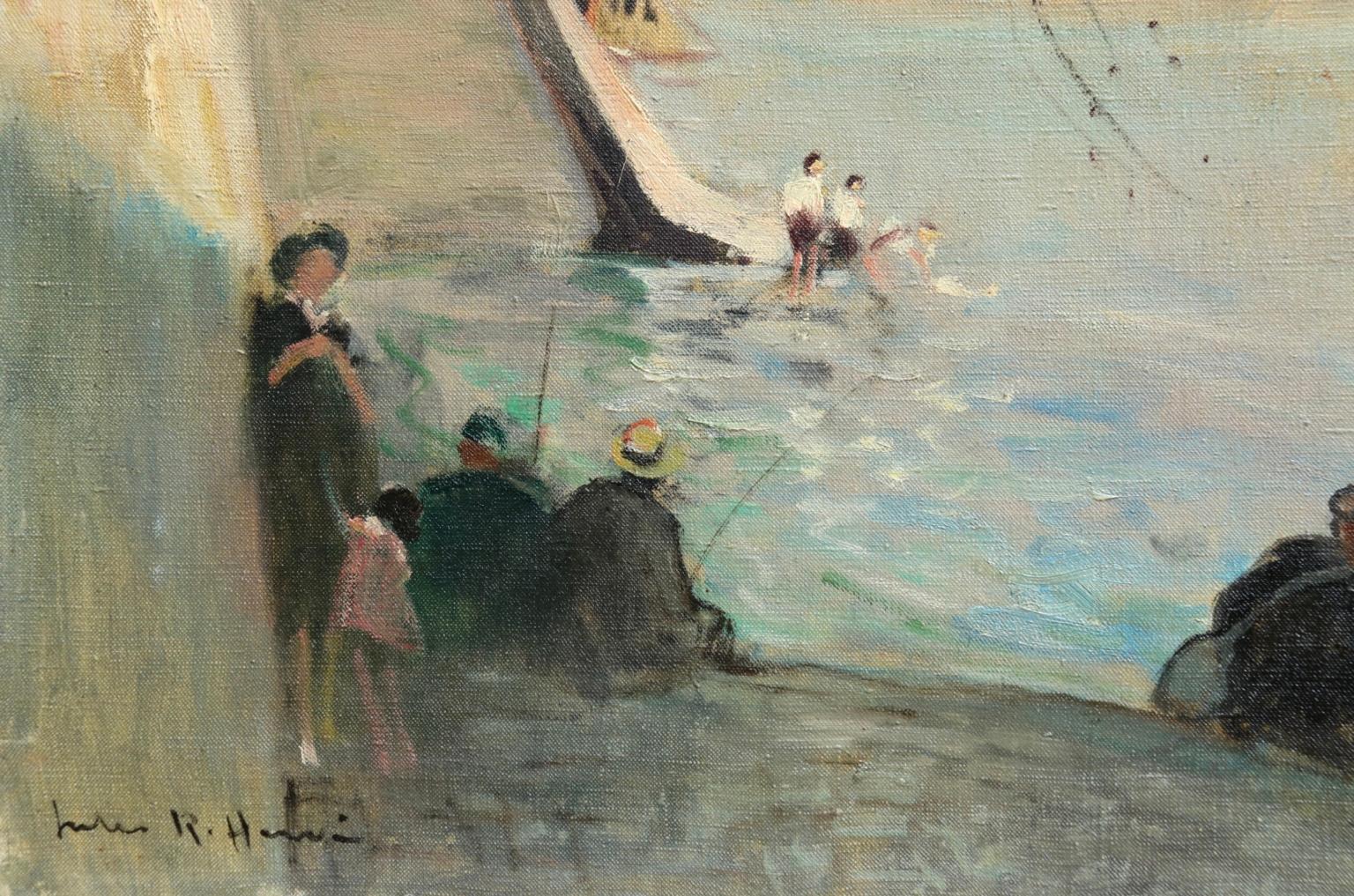 A beautifully coloured oil on canvas circa 1940 by French Impressionist painter Jules Rene Herve depicting figures fishing on the banks of the River Seine in Paris. Signed lower left and again verso. 

Dimensions:
Unframed: 18