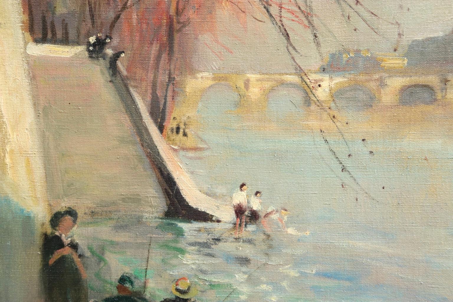 La Seine au Pont Neuf - Impressionist Oil, Figures by River - Jules Rene Herve 2
