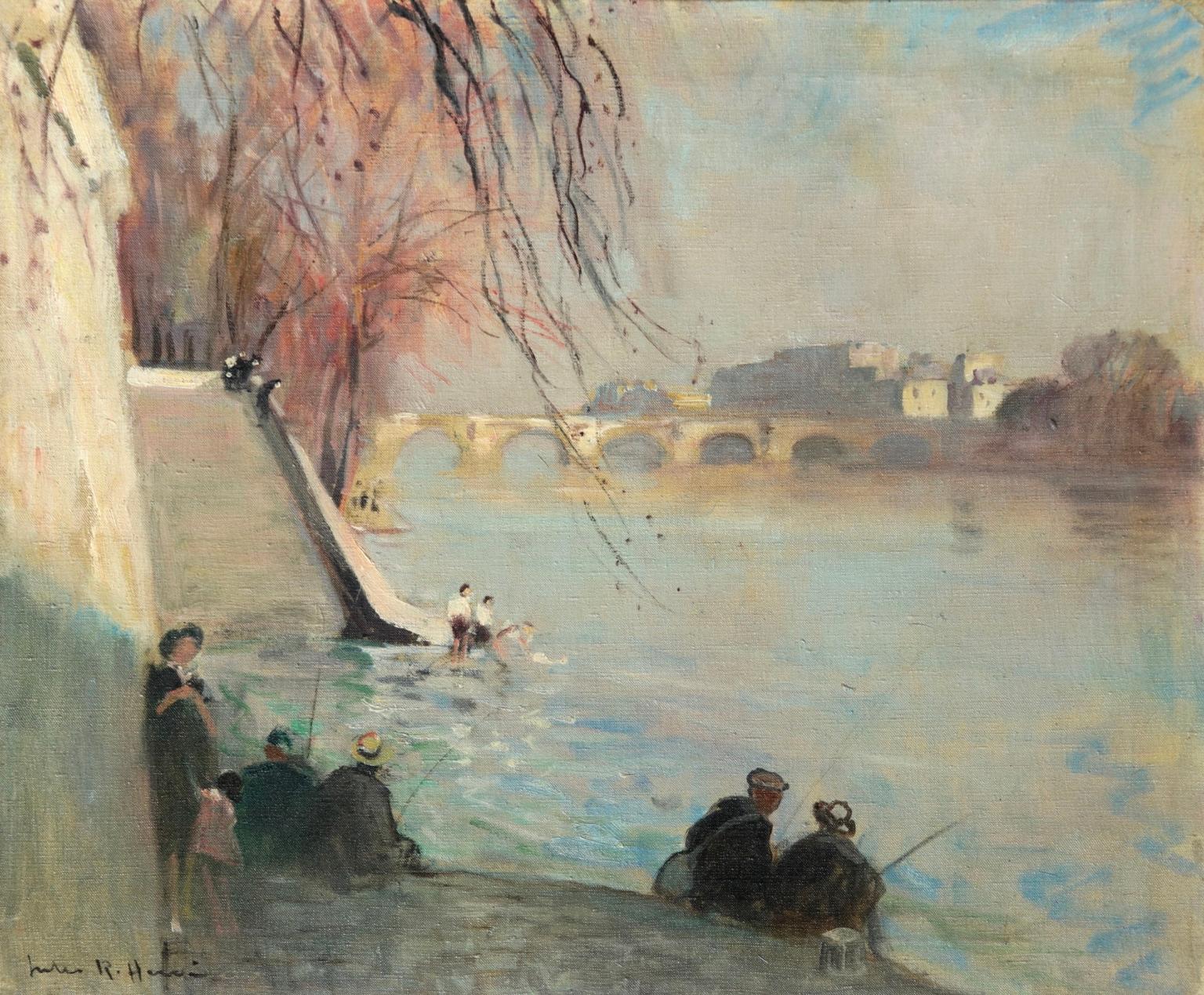 Jules René Hervé Landscape Painting - La Seine au Pont Neuf - Impressionist Oil, Figures by River - Jules Rene Herve