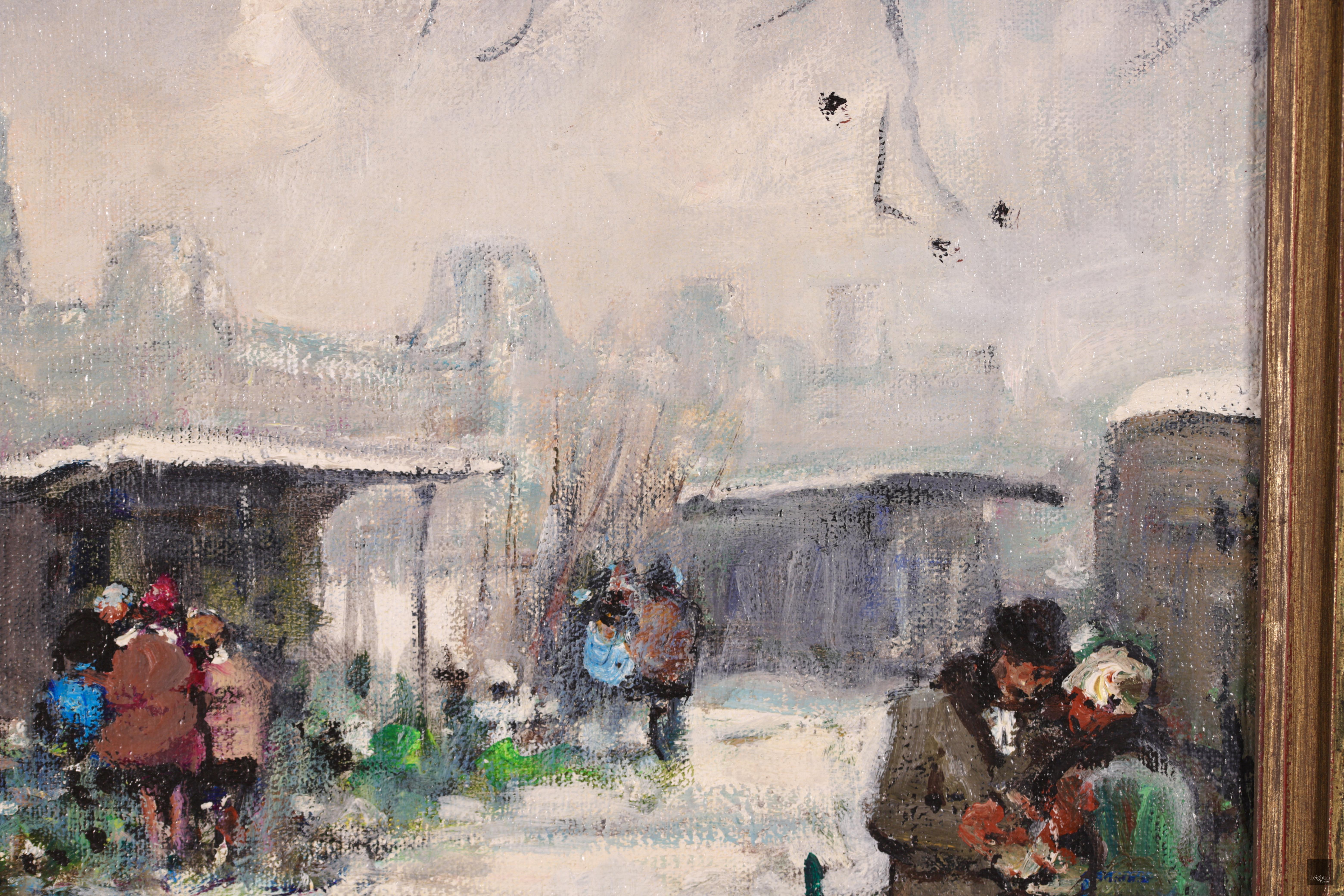 Signiertes impressionistisches figuratives Landschaftsöl auf Leinwand um 1950 von dem französischen Maler Jules Rene Herve. Die Winterlandschaft zeigt einen Weihnachtsbaummarkt, auf dem Kunden und Händler um ihre Holzhütten versammelt sind. Das