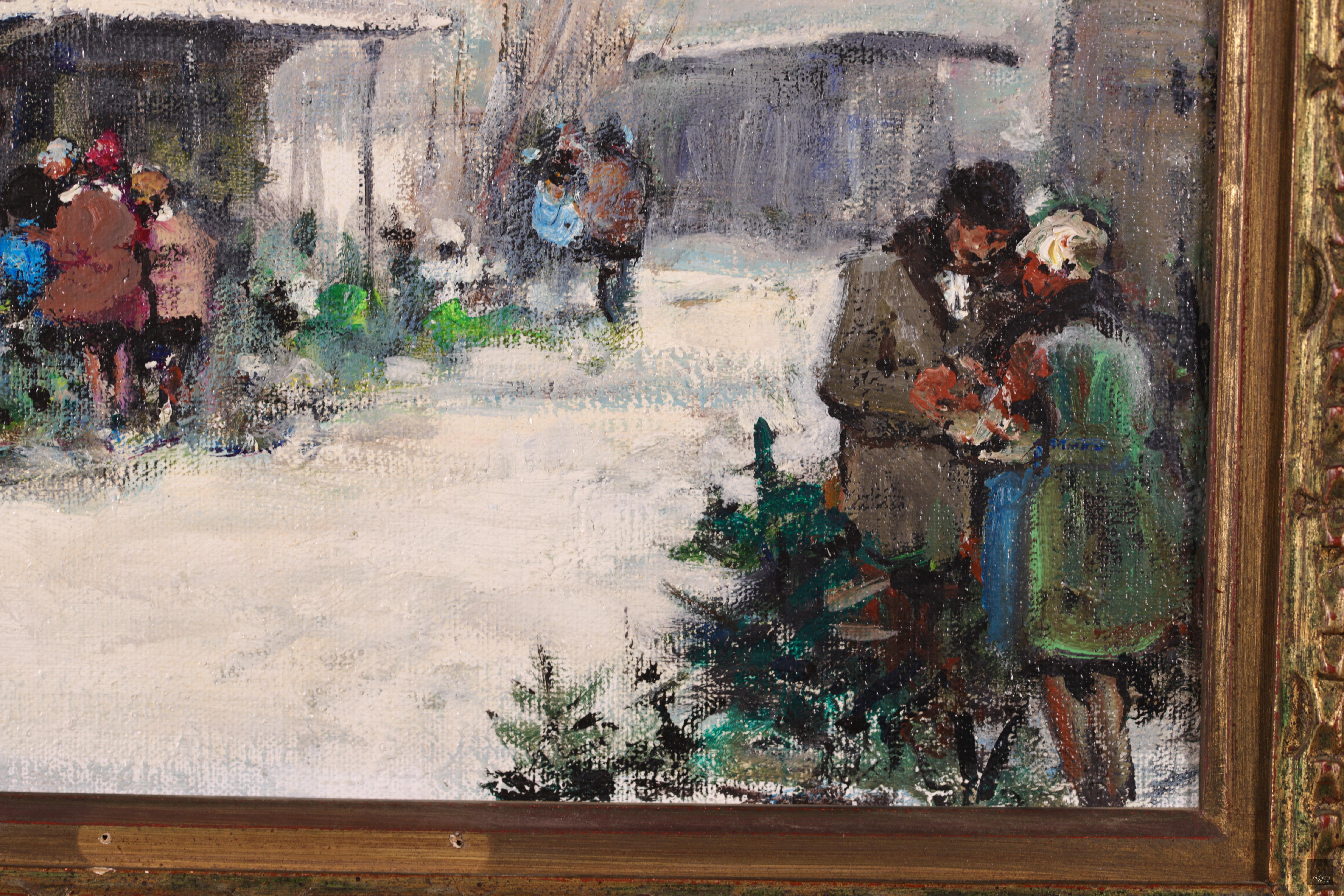 Paysage figuratif impressionniste signé, huile sur toile vers 1950 du peintre français Jules René Hervé. Le paysage hivernal montre un marché aux arbres de Noël avec des clients et des exposants réunis autour de leurs cabanes en bois. Le vert vif