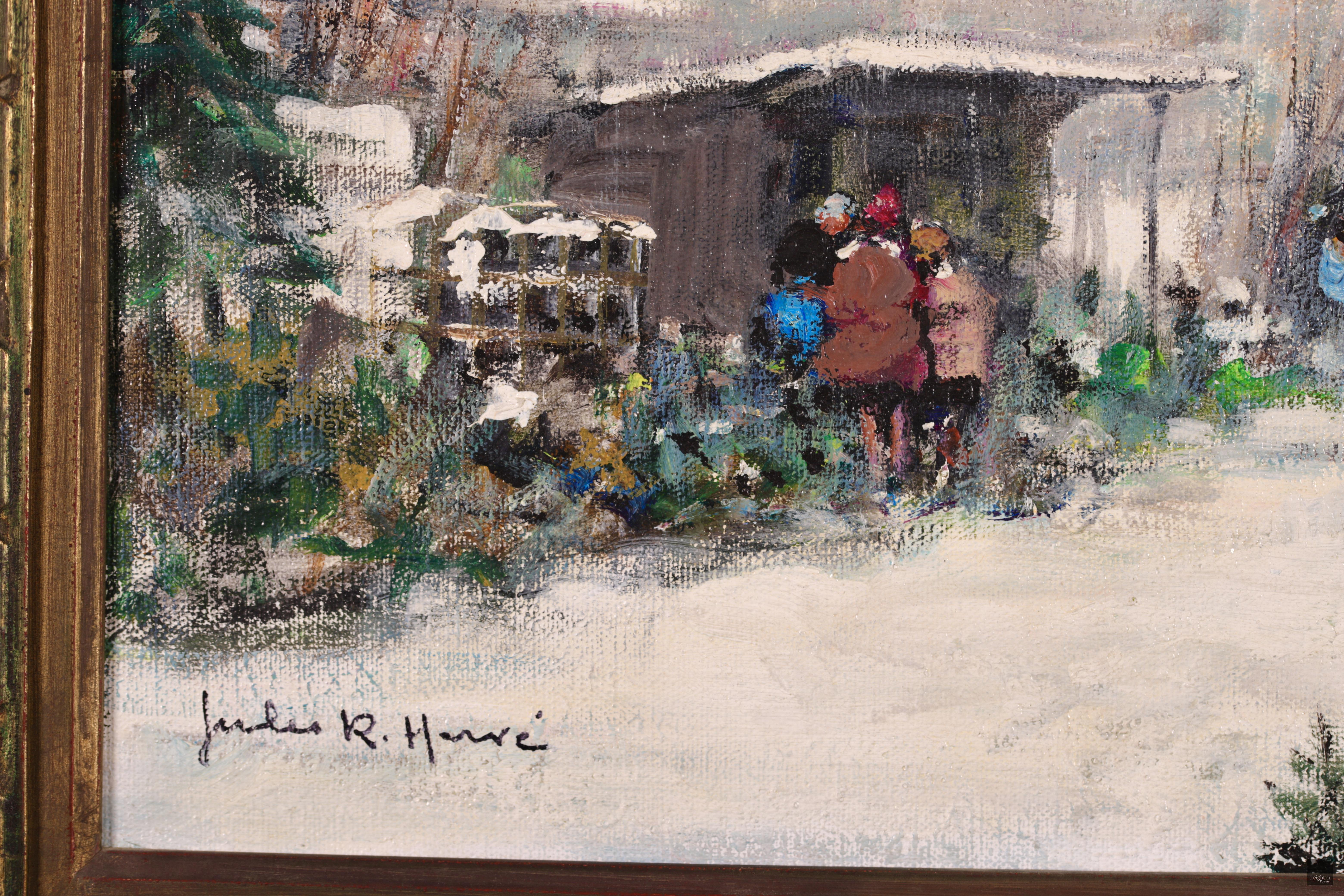 Signed impressionist figurative landscape oil on canvas circa 1950 by French painter Jules Rene Herve. The winter landscape shows a Christmas tree market with customers and stallholders gathered around their wooden huts. The bright green of the