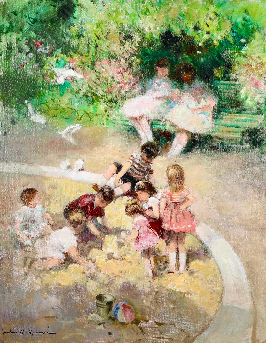 Signed oil on canvas figures in landscape circa 1950 by French impressionist painter Jules Rene Herve. The work depicts several children dressed in summer clothes playing in a sandpit on a park. There is a bucket and ball in the foreground and
