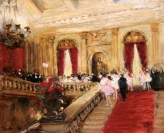 Le Grand Escalier - Impressionist Figures in Interior Oil by Jules Rene Herve