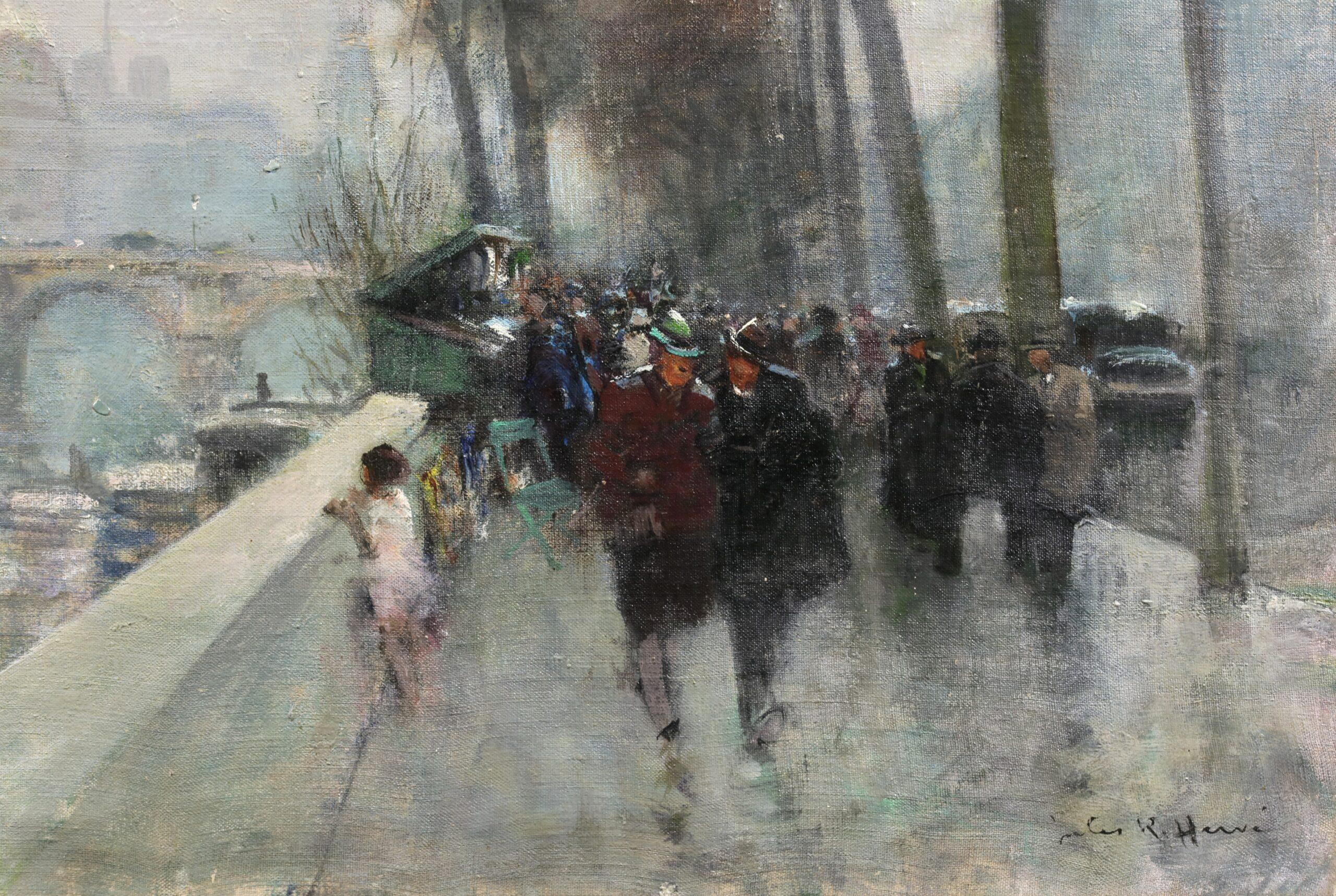 Le Quai Conti - Paisaje figurativo impresionista Óleo de Jules Rene Herve - Figurative Painting Gris de Jules René Hervé