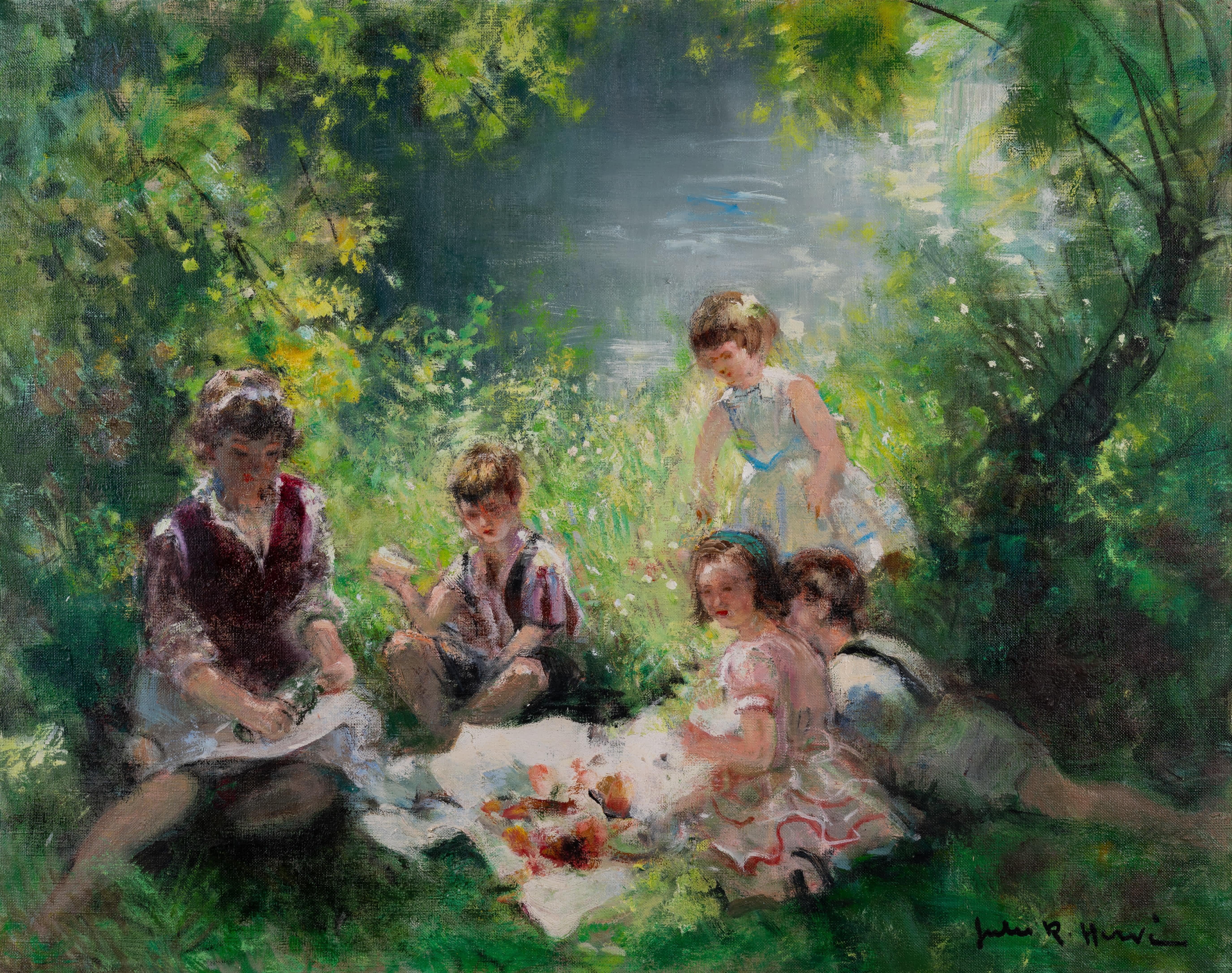 Madre e hijos de picnic - Painting de Jules René Hervé