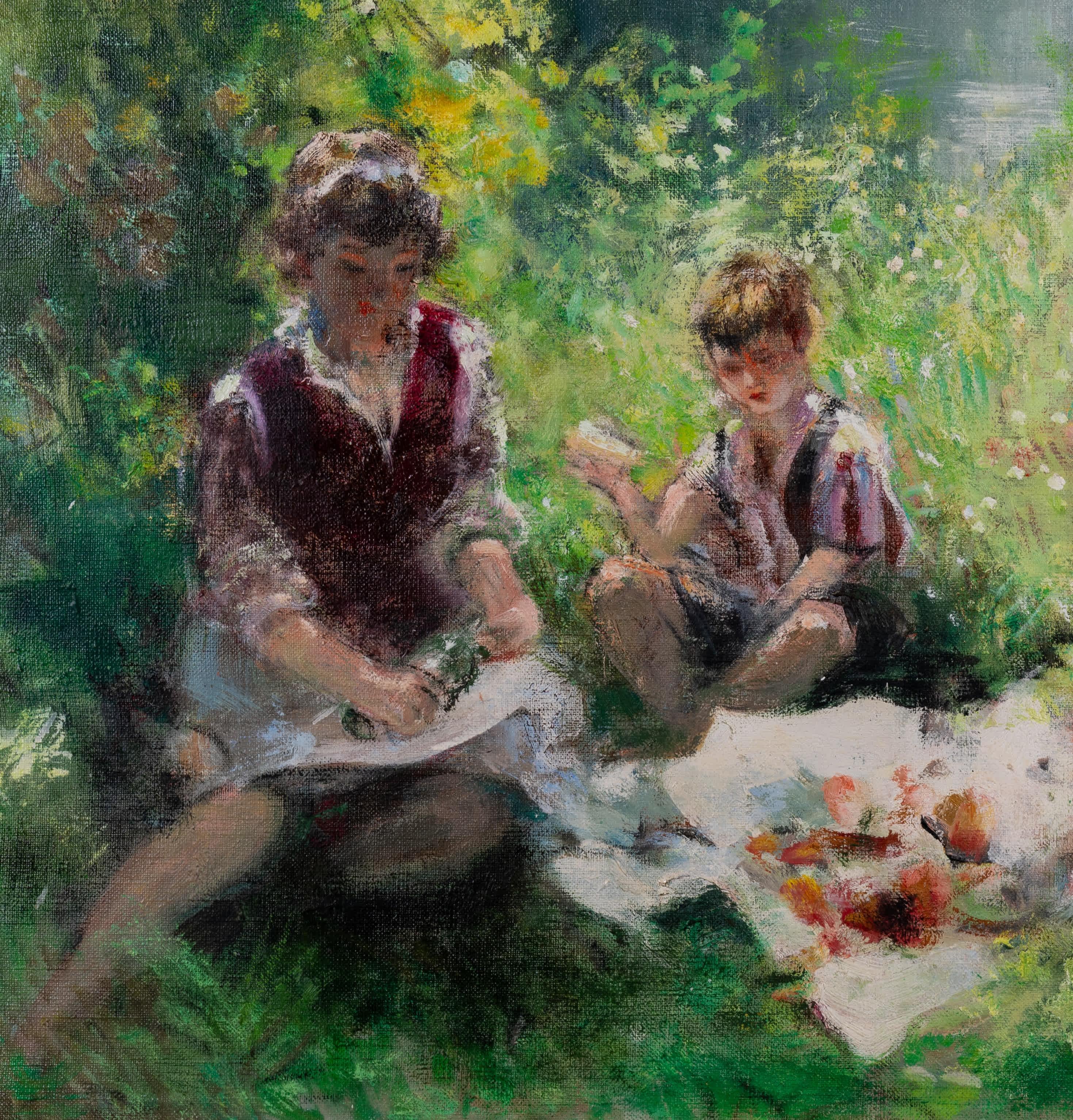 Madre e hijos de picnic - Painting Impresionista de Jules René Hervé