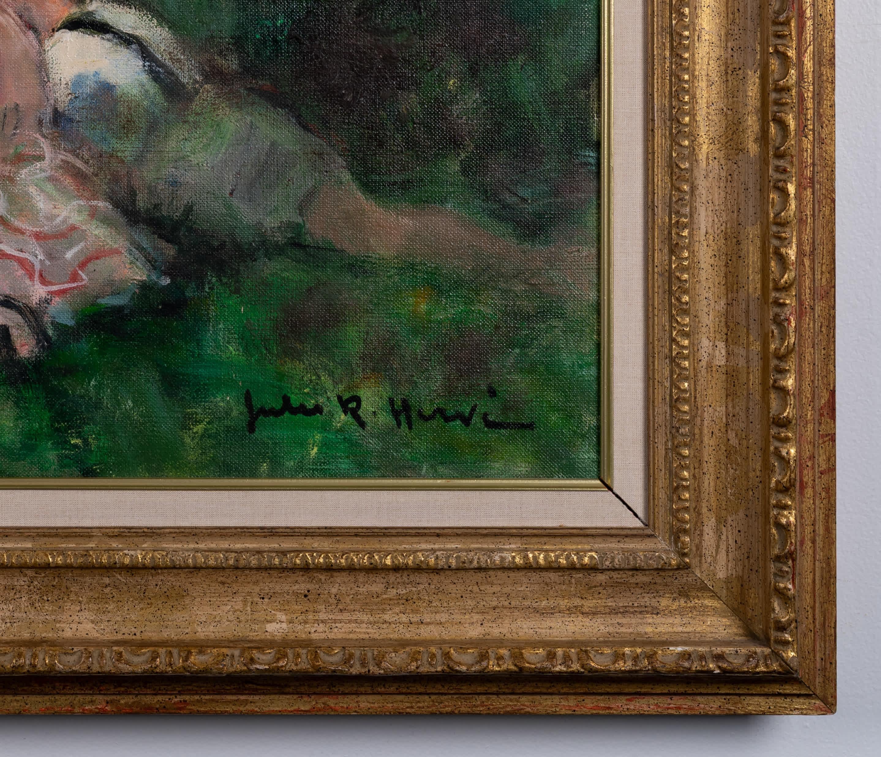 Madre e hijos de picnic - Landscape Painting Marrón de Jules René Hervé