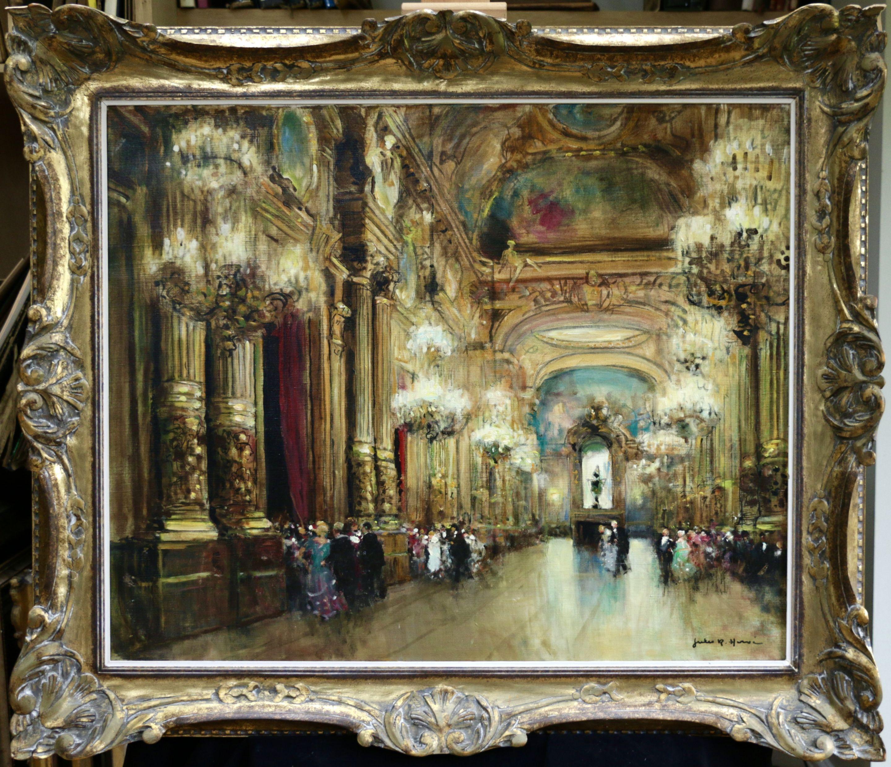 Opera Garnier - Paris - 20th Century Oil, Elegant Figures in Interior by Herve - Painting by Jules René Hervé