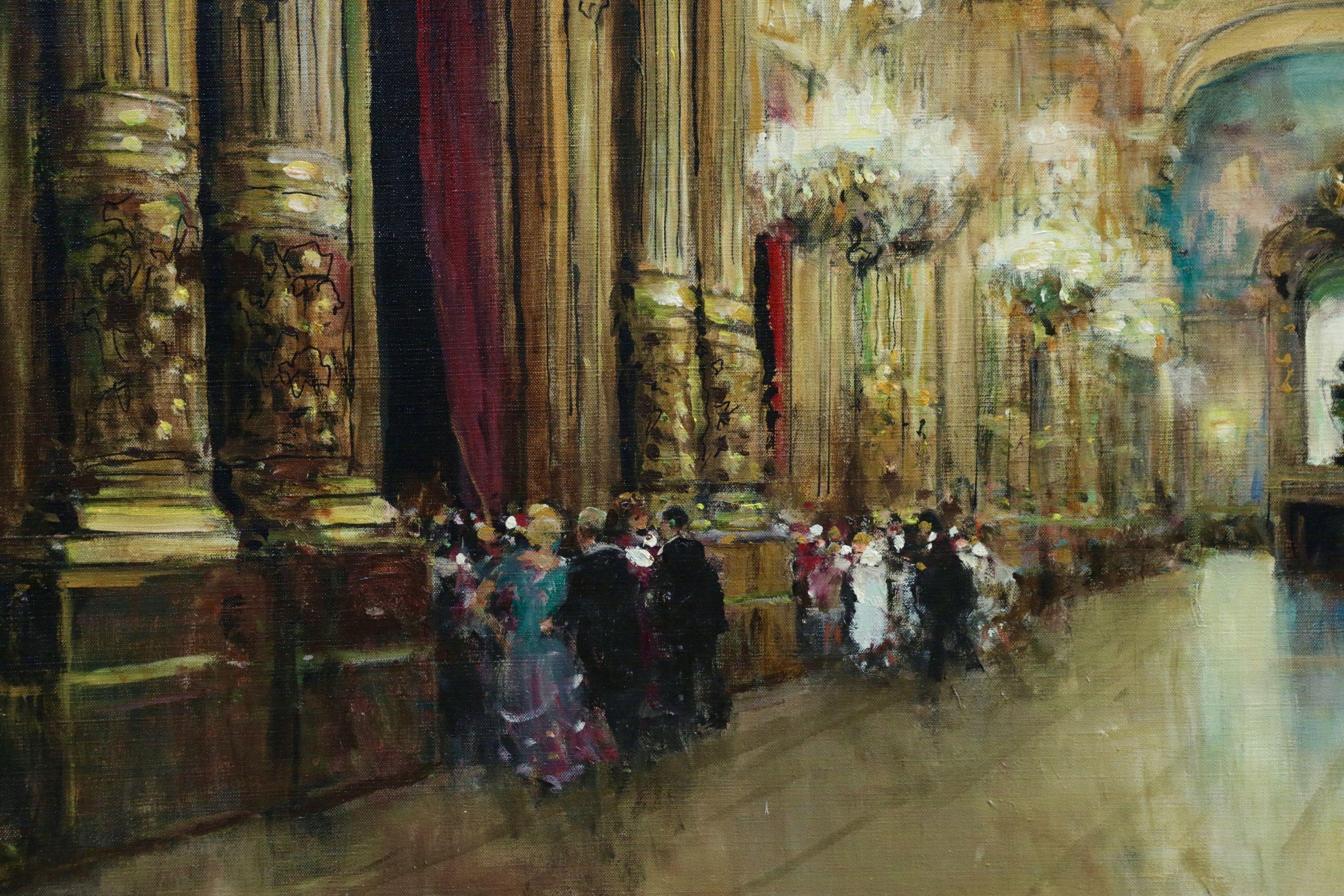 L'Opéra Garnier - Paris - Huile du XXe siècle:: figures élégantes à l'intérieur par Herve - Impressionnisme Painting par Jules René Hervé