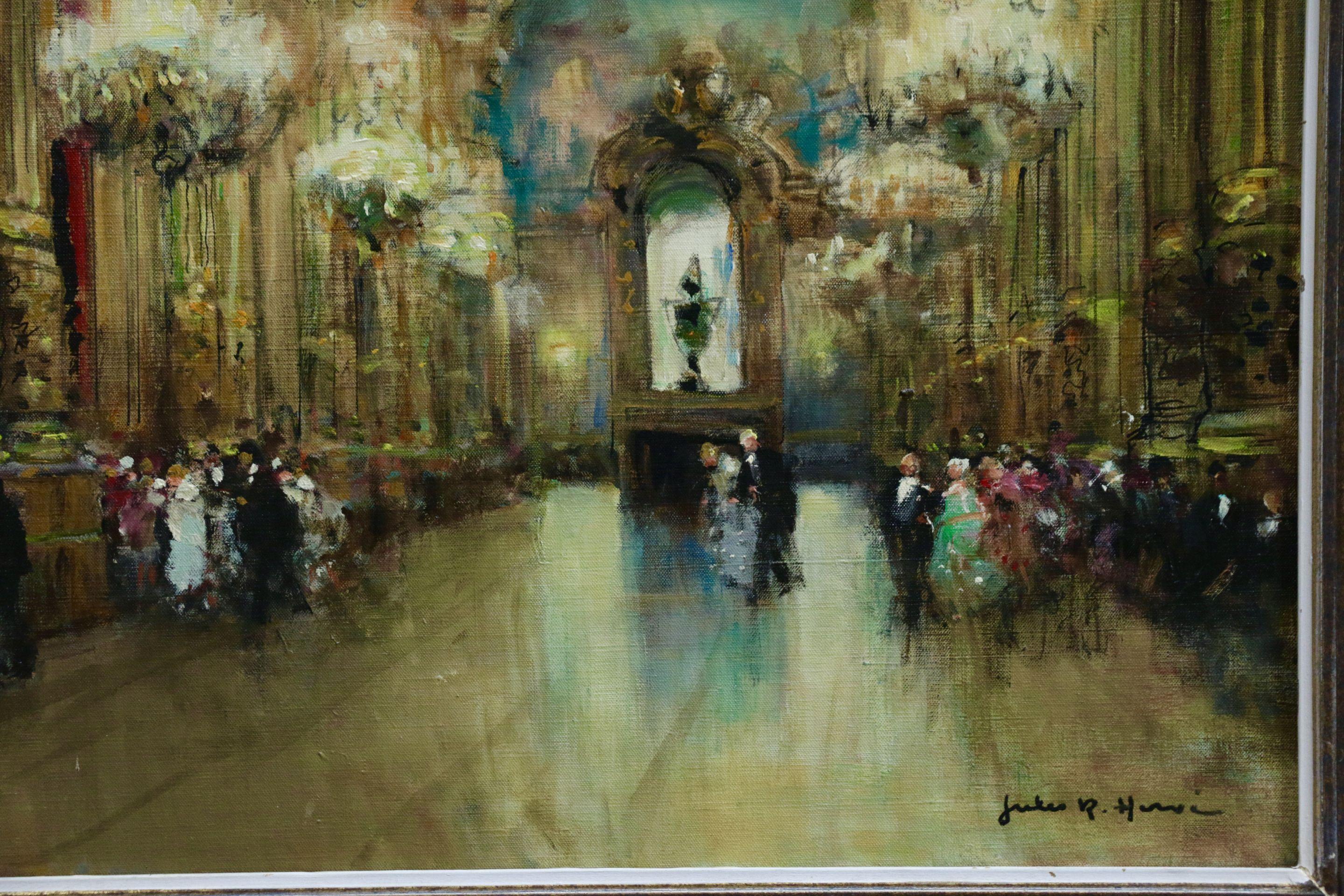 Opera Garnier - Paris - 20th Century Oil, Elegant Figures in Interior by Herve - Impressionist Painting by Jules René Hervé