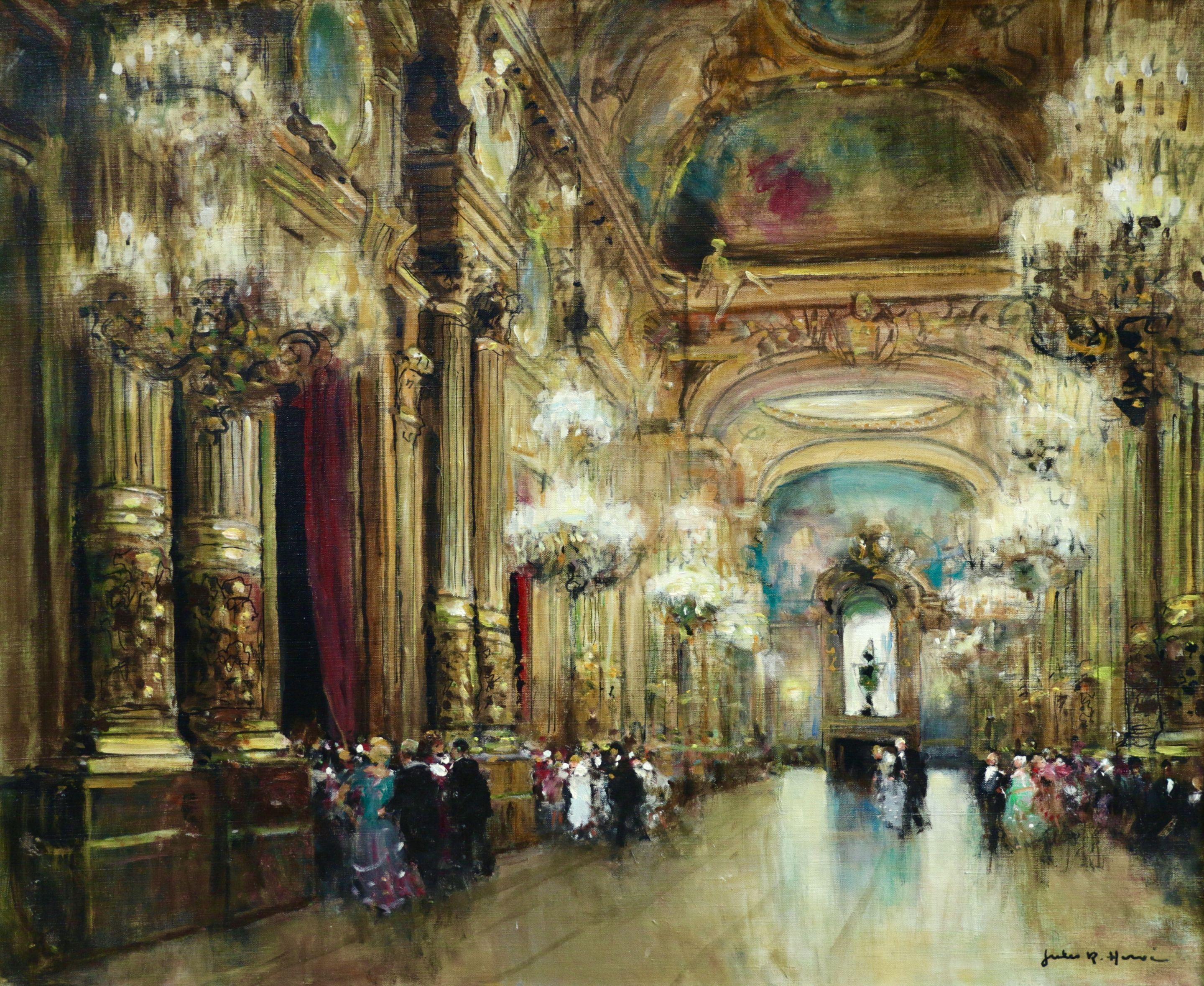 Jules René Hervé Interior Painting - Opera Garnier - Paris - 20th Century Oil, Elegant Figures in Interior by Herve