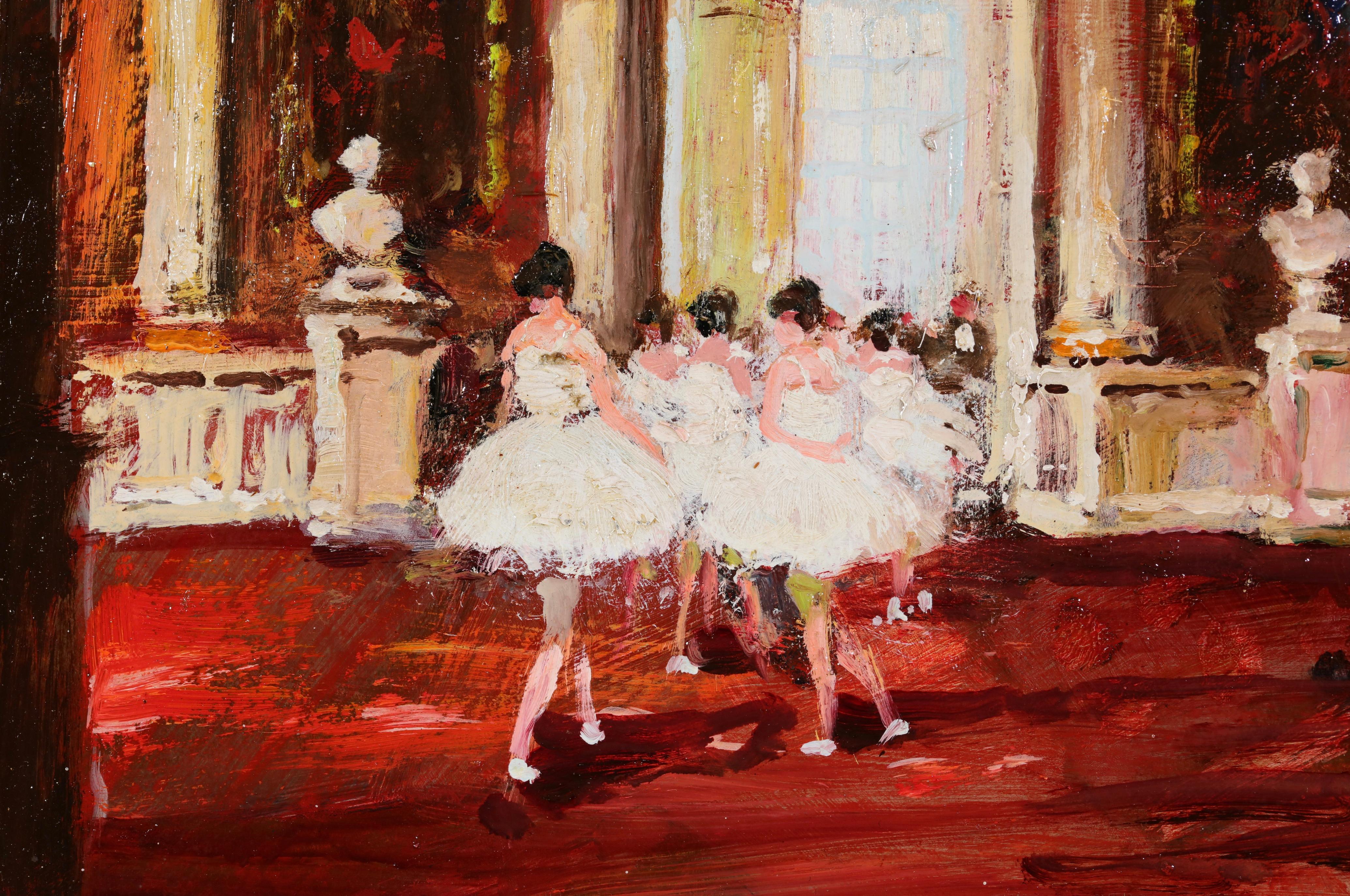 Opera Garnier Parigi - Figure impressioniste in interni ad olio di Jules Herve - Figurative Painting Marrone di Jules René Hervé