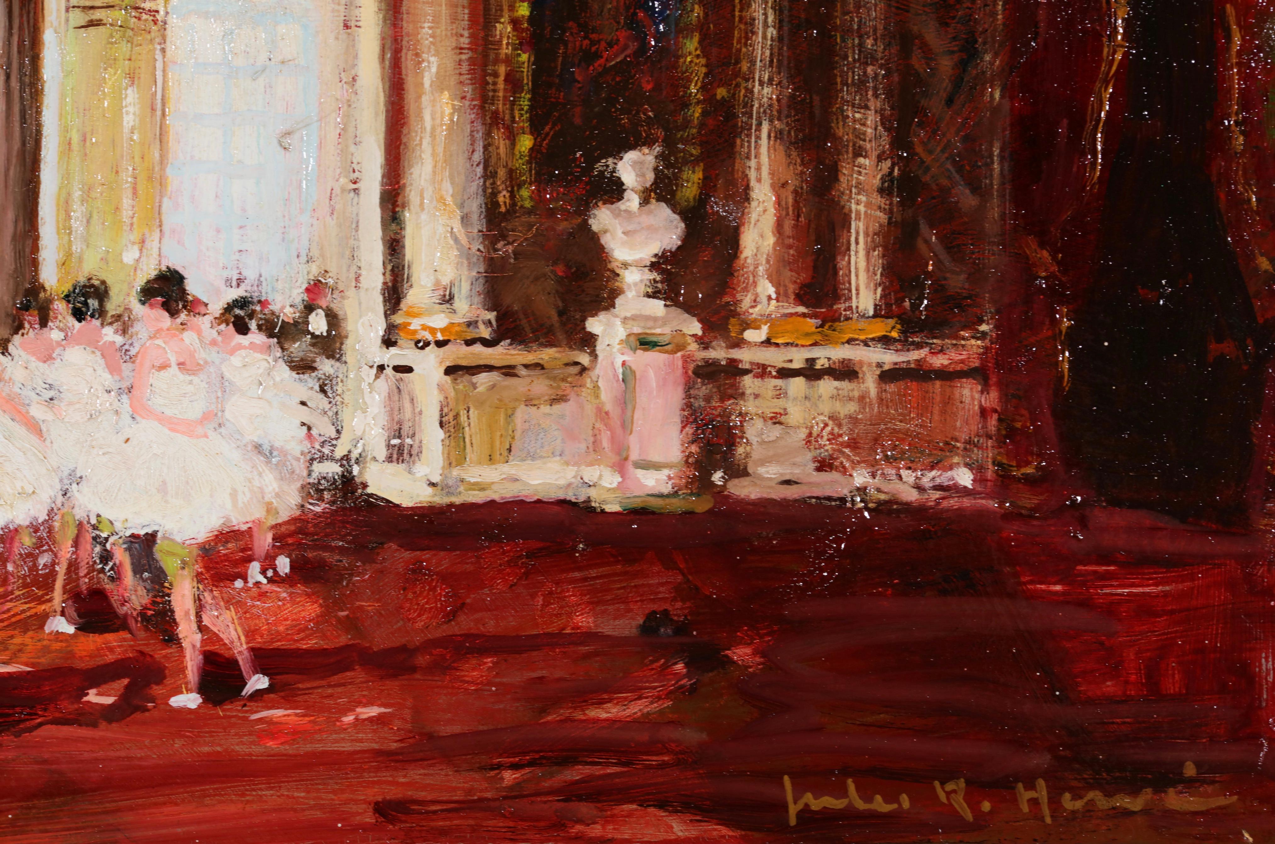 Figure firmate in un interno olio su tavola del 1940 circa del pittore impressionista francese Jules Herve. Questa incantevole opera raffigura una grande sala rossa con rifiniture dorate piena di ballerine in tutù bianco. Un pezzo meraviglioso nello