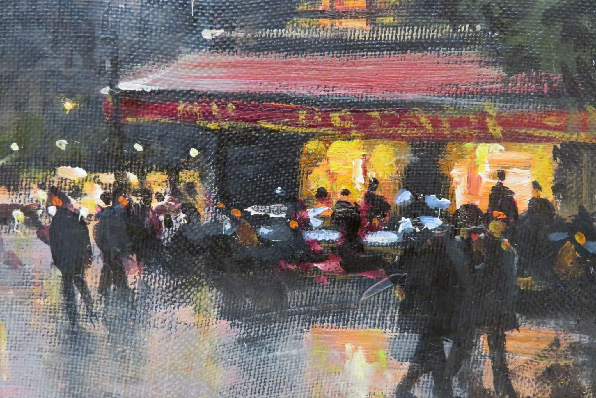 Óleo original firmado por Jules Rene Herve de Restaurante Maxims París - Painting Posimpresionista de Jules René Hervé