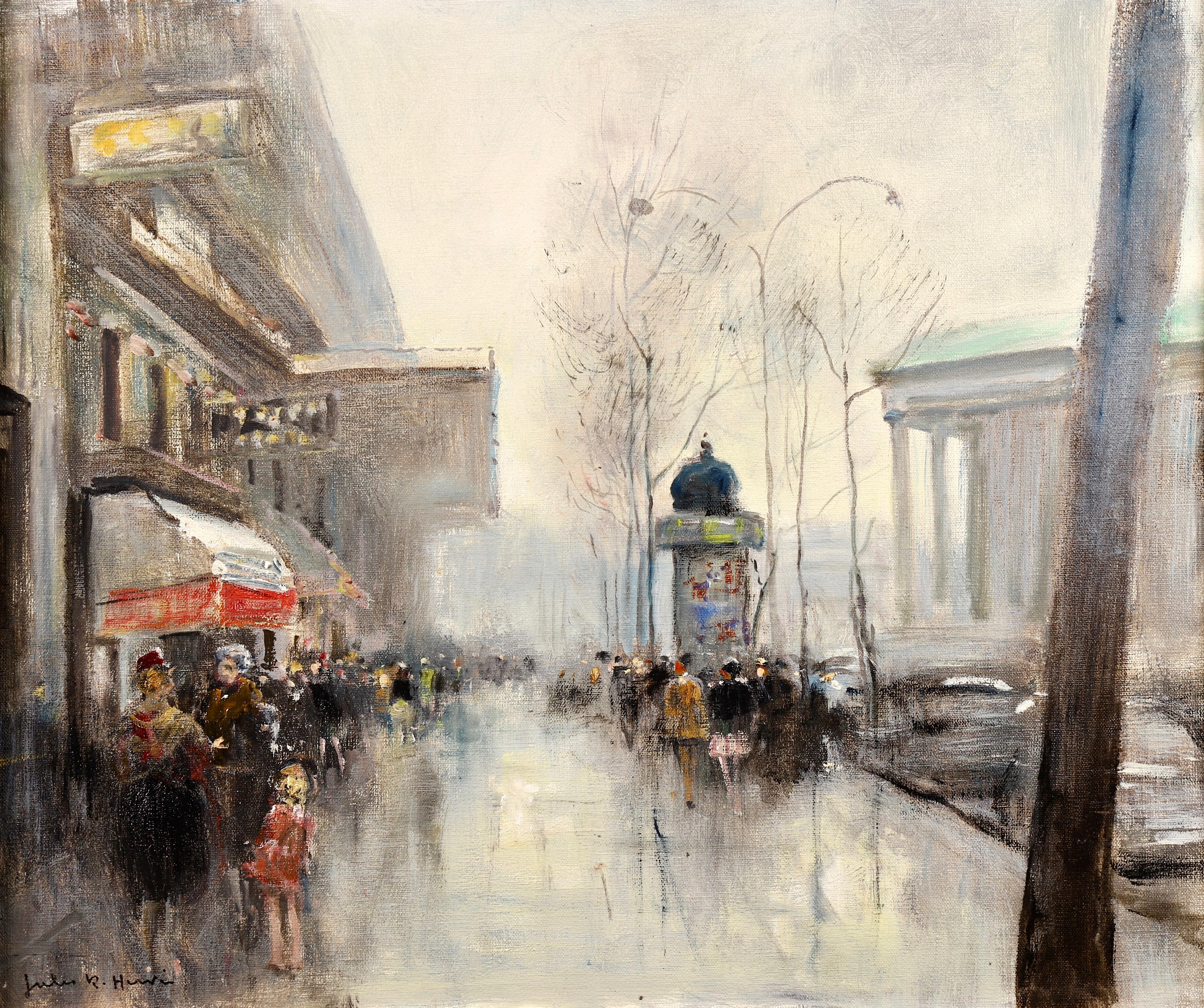 Paris - La Madeleine- Impressionist Oil, Figures in Cityscape - Jules Rene Herve - Gray Landscape Painting by Jules René Hervé