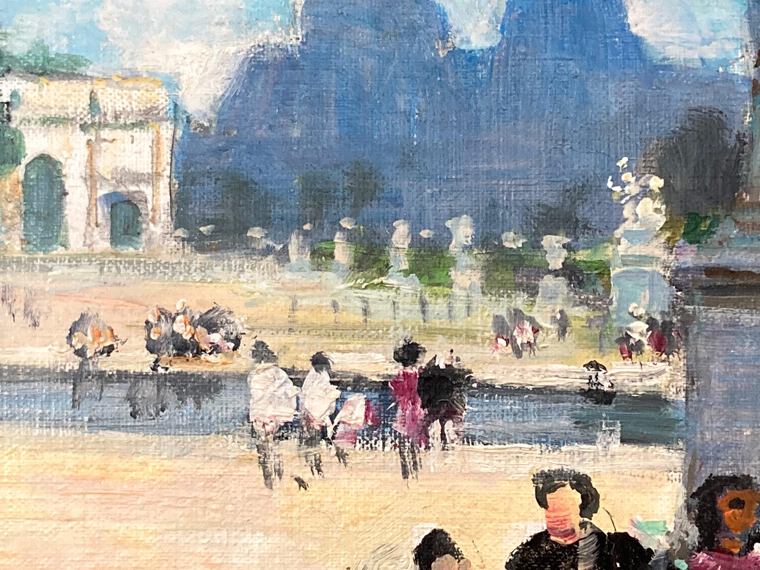 Eine außergewöhnliche impressionistische Darstellung eines Nachmittags im Pariser Jardin des Tuileries von Jules René Hervé an einem Sommertag mit dem geschäftigen Treiben einer Familie, die auf Stühlen am Rande des Rasens sitzt, während sich