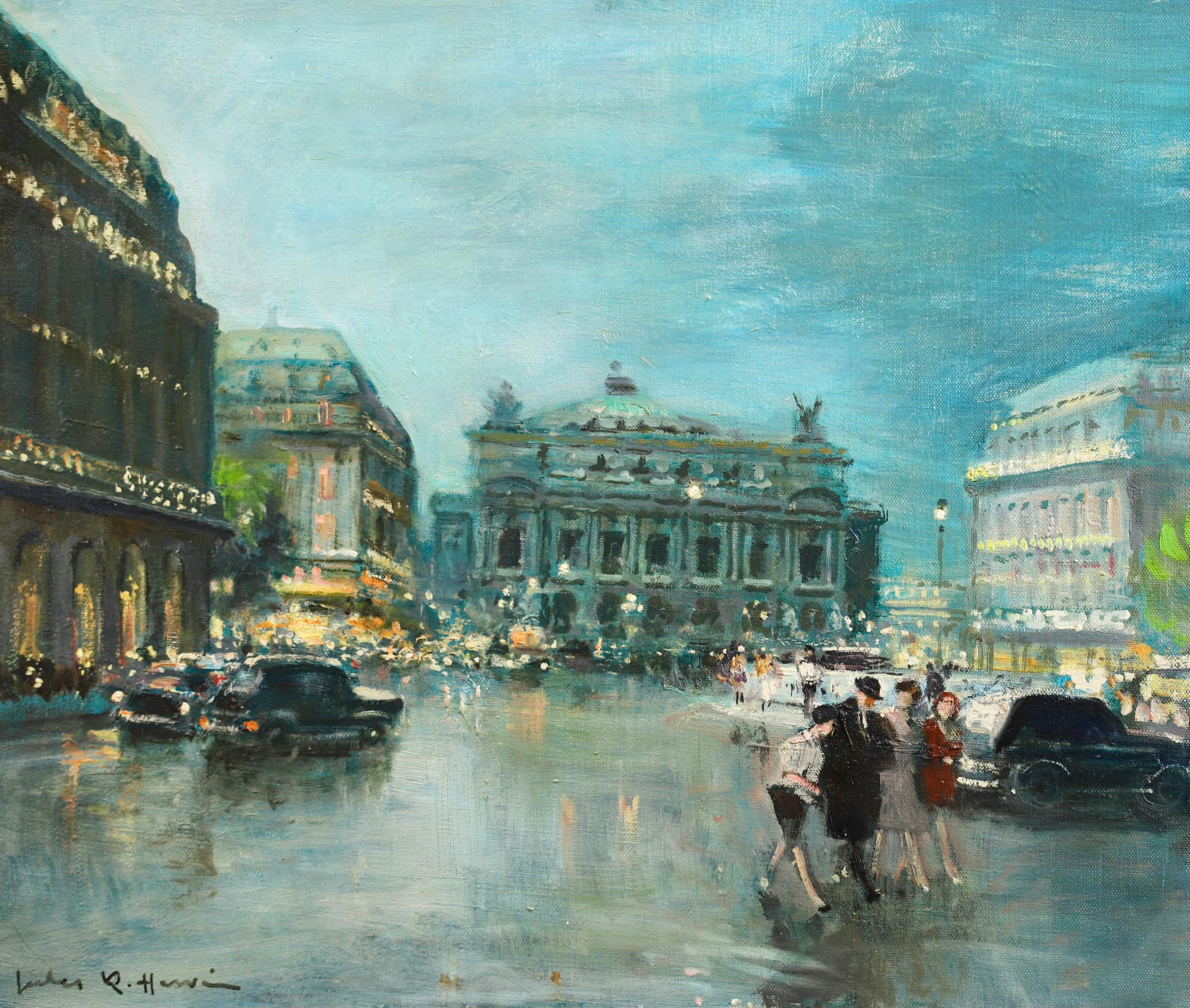 Signed impressionist figures in cityscape oil on canvas circa 1940 by French painter Jules Rene Herve. This bustling evening scene depicts a view of The Place de l'Opera square in Paris, France.   

Signature:
Signed lower left & again